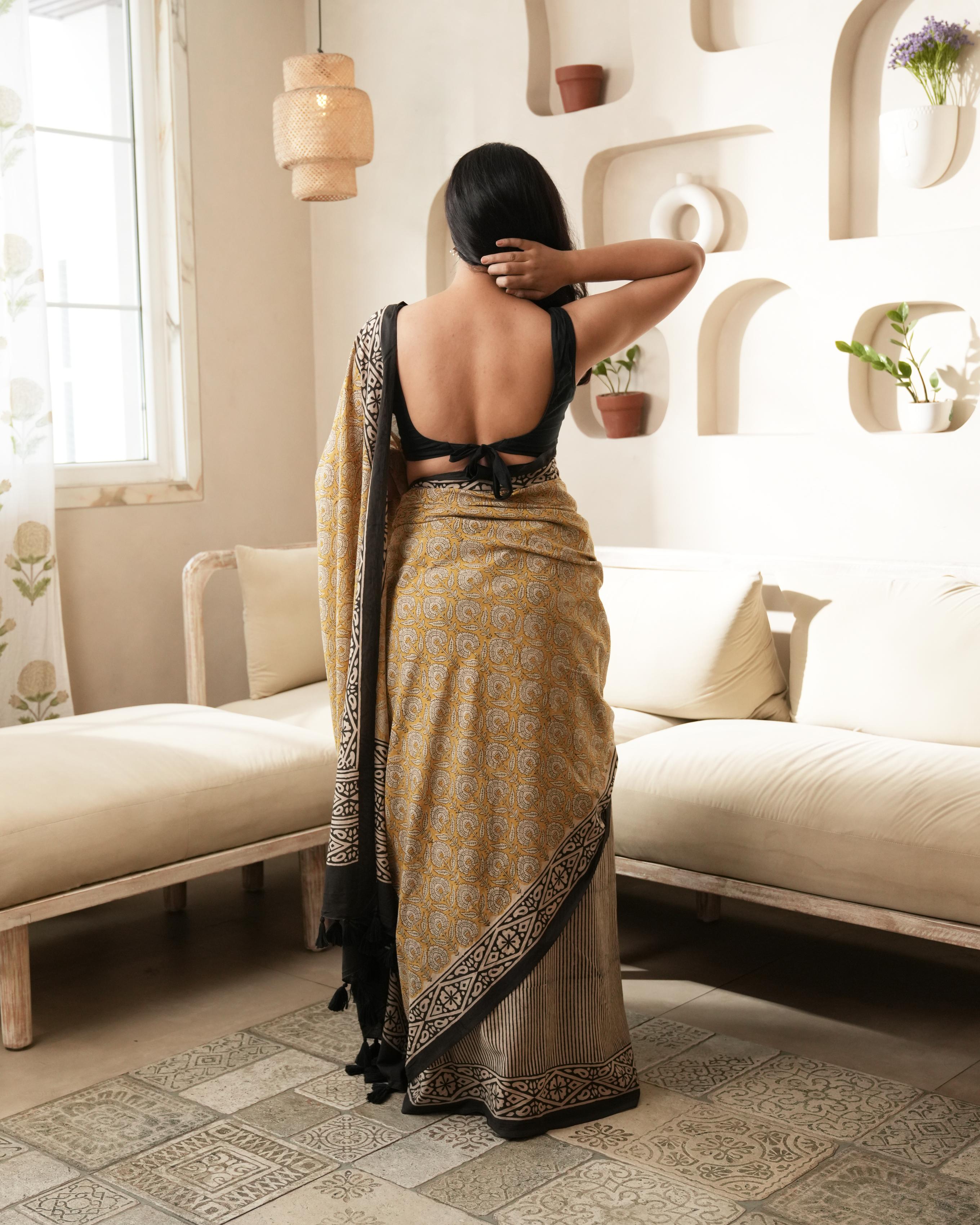 Bagru Print Mul Cotton Saree | Mustard Dual Black Tassel for Daily & Festive Wear