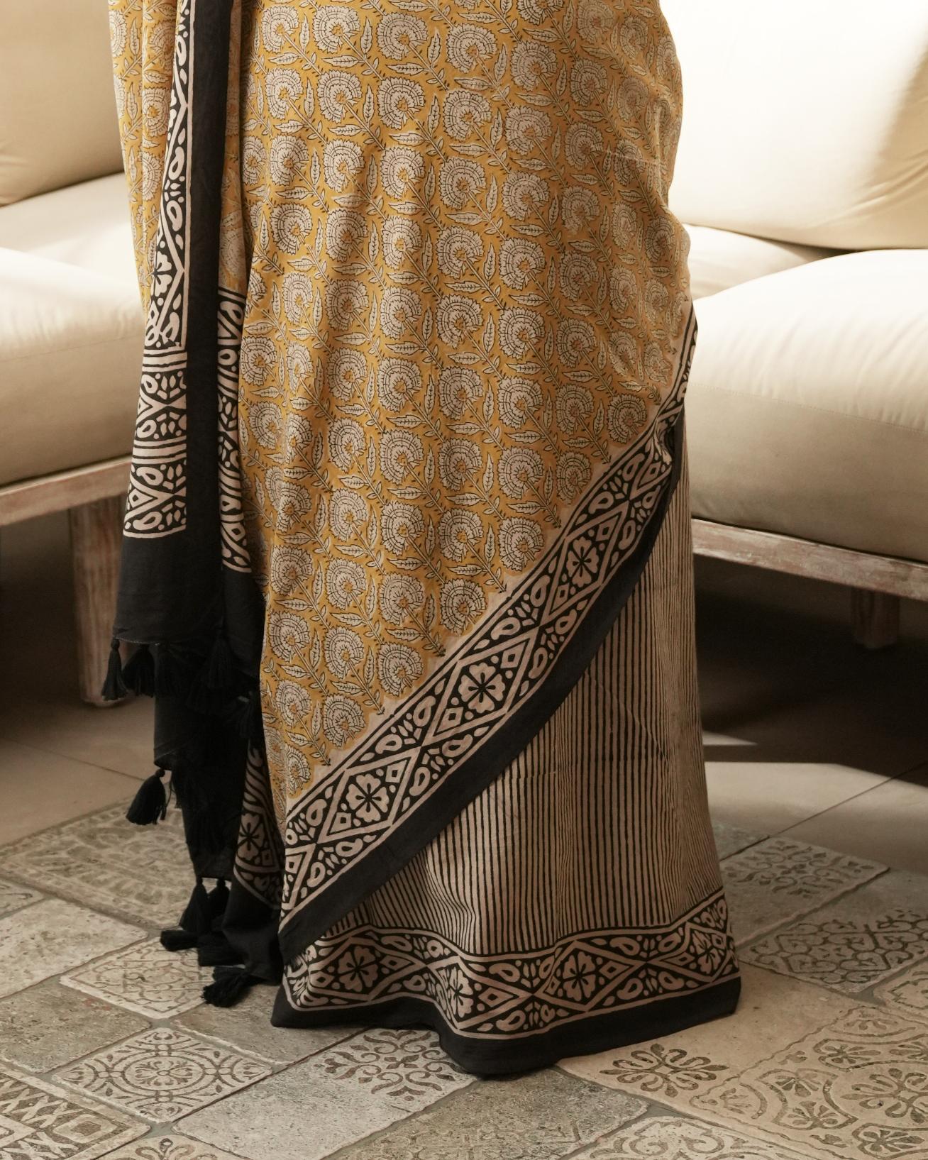 Bagru Print Mul Cotton Saree | Mustard Dual Black Tassel for Daily & Festive Wear