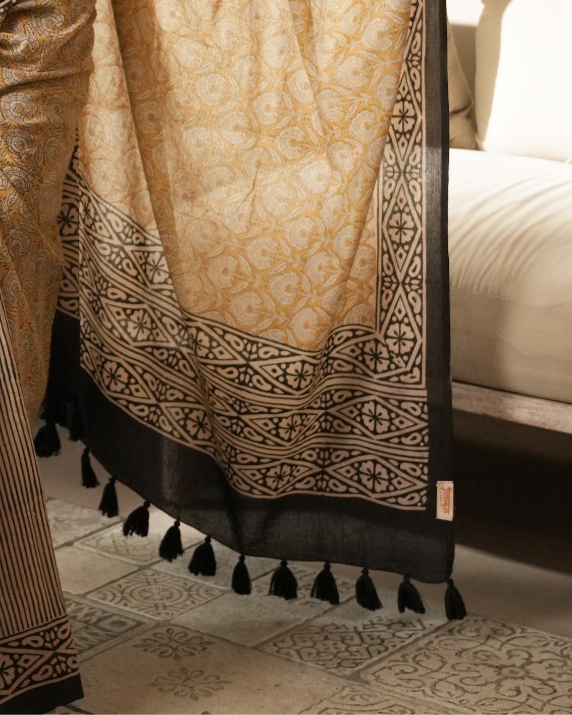 Bagru Print Mul Cotton Saree | Mustard Dual Black Tassel for Daily & Festive Wear