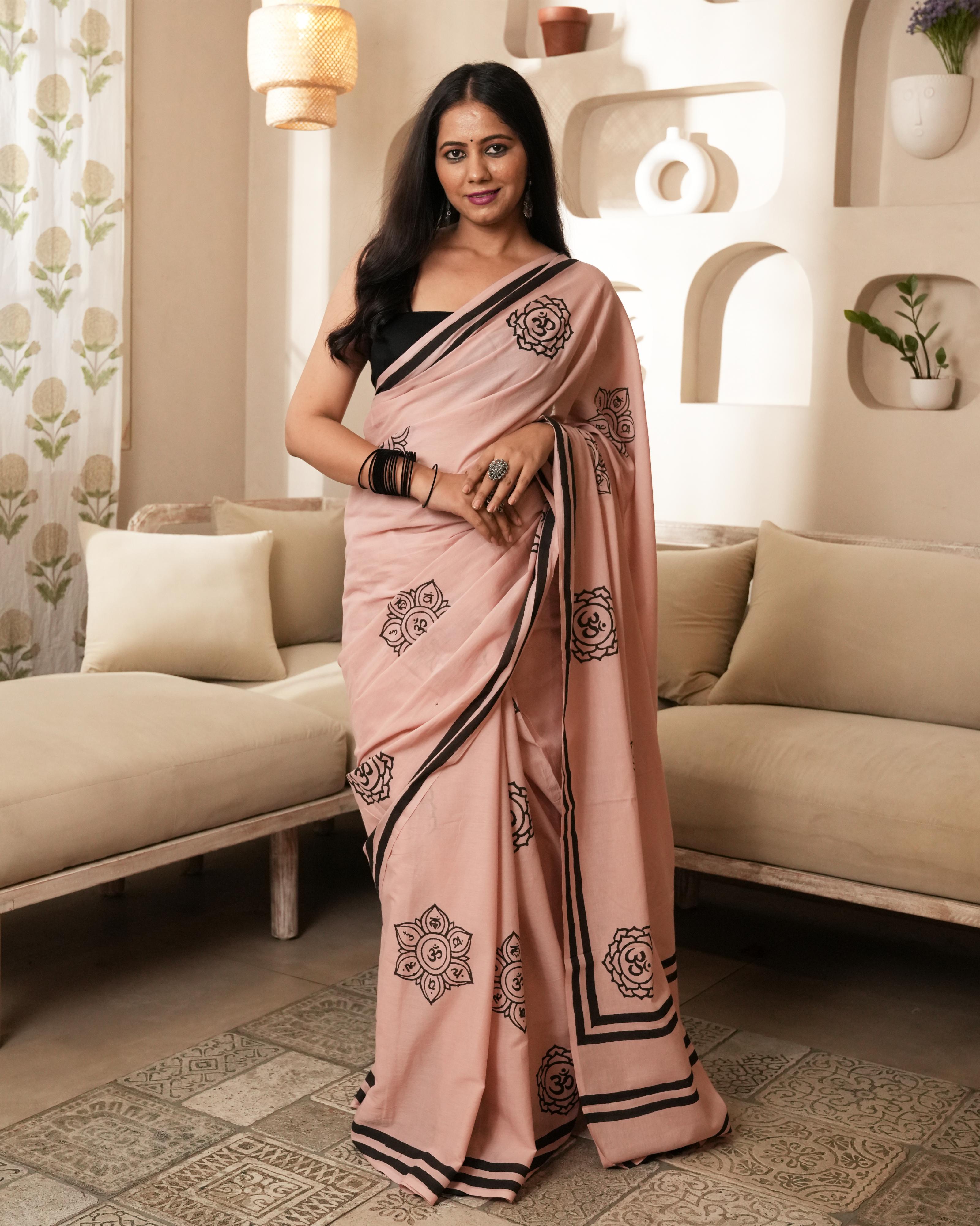 Handblock Print Mul Cotton Saree | Coral Om Tassel for Spiritual & Festive Gatherings
