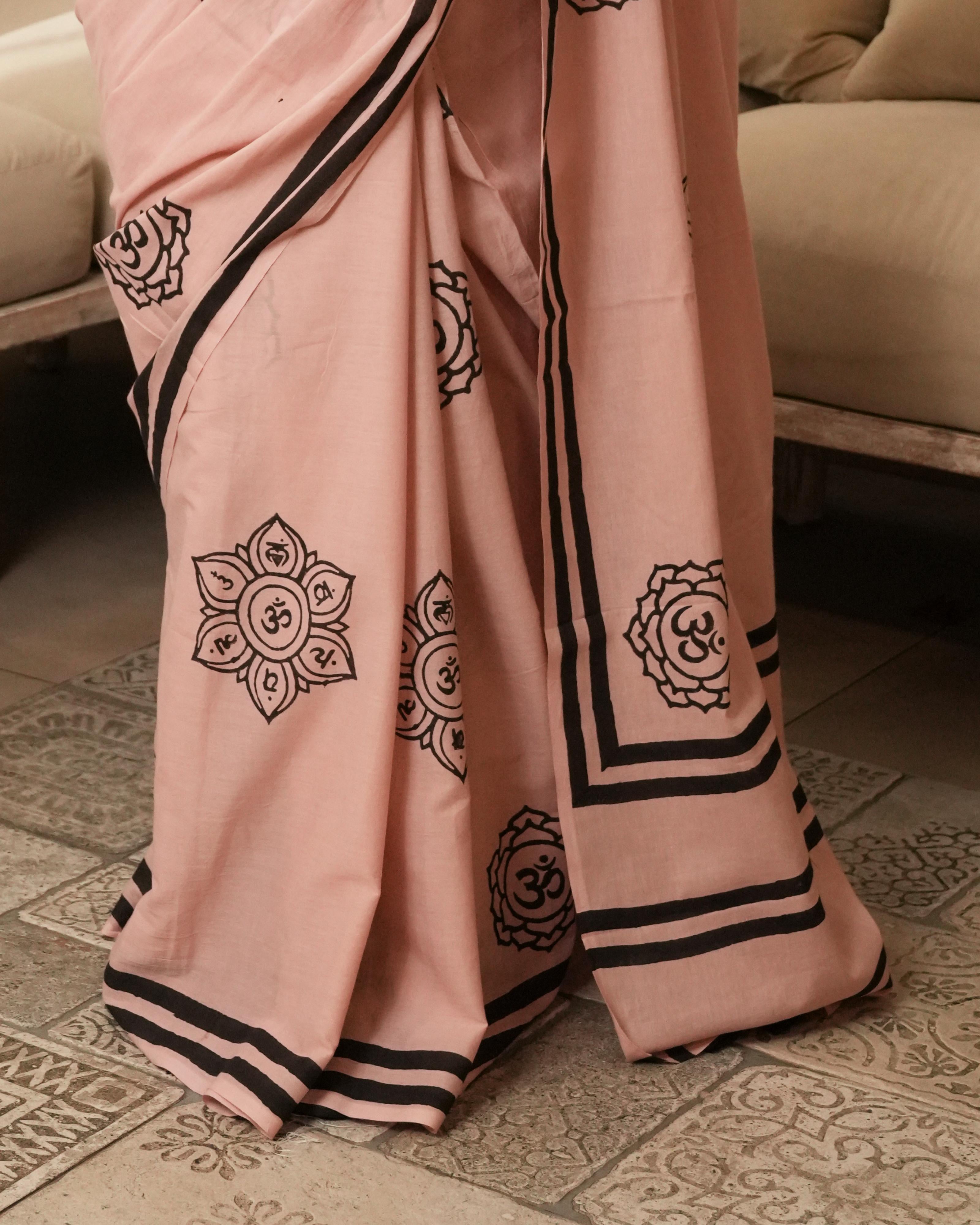 Handblock Print Mul Cotton Saree | Coral Om Tassel for Spiritual & Festive Gatherings