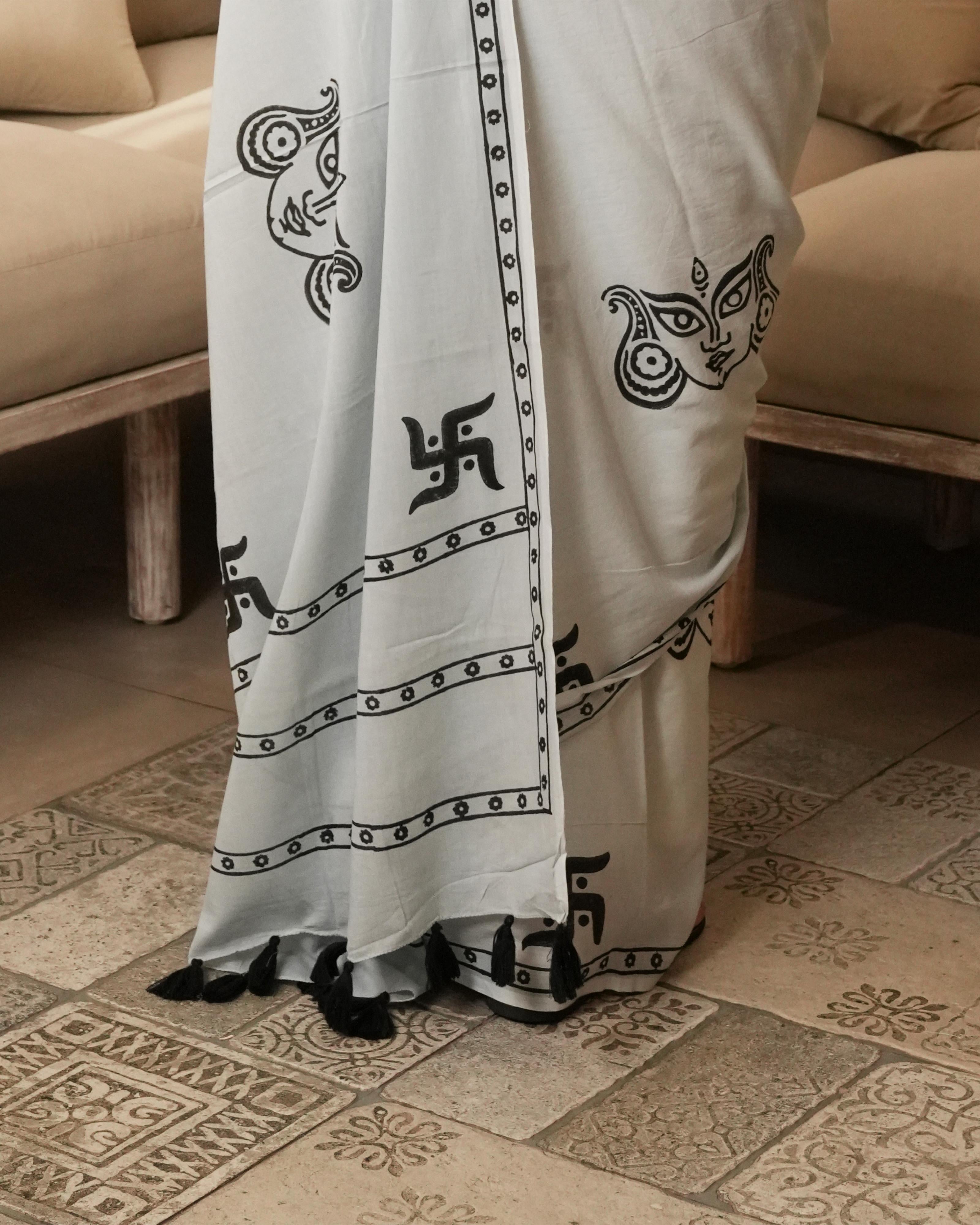 Handblock Print Mul Cotton Saree | Light Grey Swastik Tassel for Poojas & Festive Wear