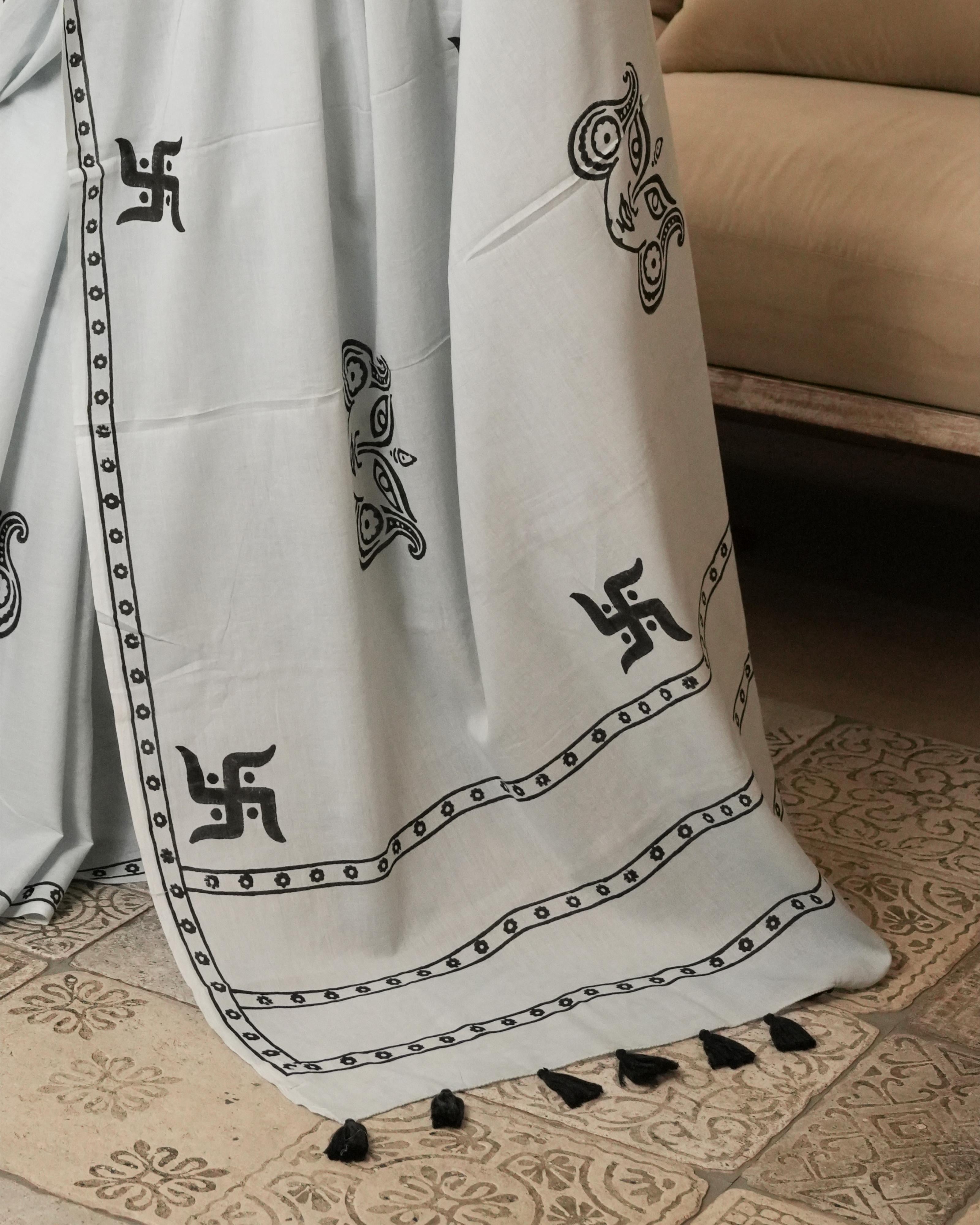 Handblock Print Mul Cotton Saree | Light Grey Swastik Tassel for Poojas & Festive Wear