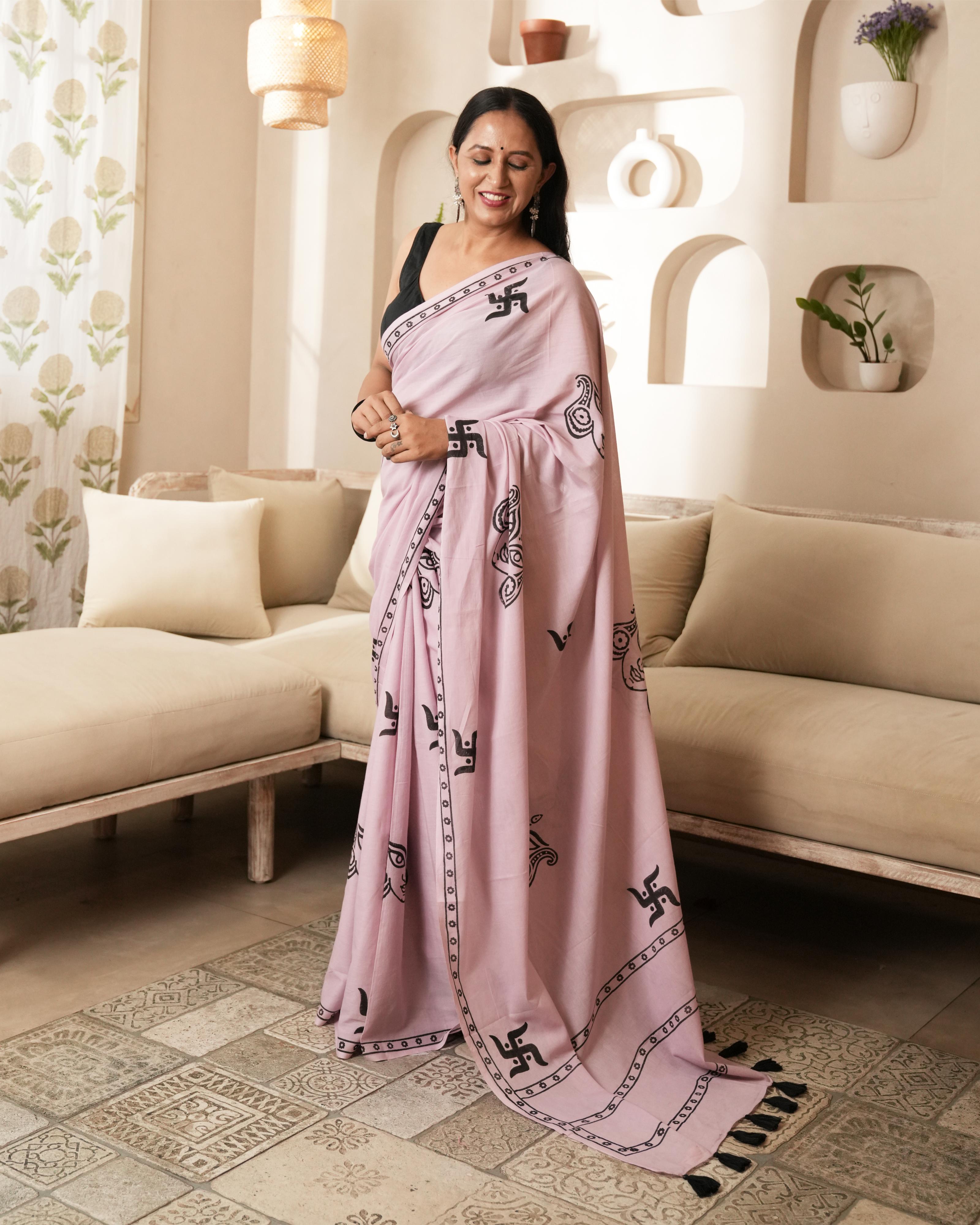 Handblock Print Mul Cotton Saree | Rose Pink Swastik Black Tassel for Festive & Spiritual Wear