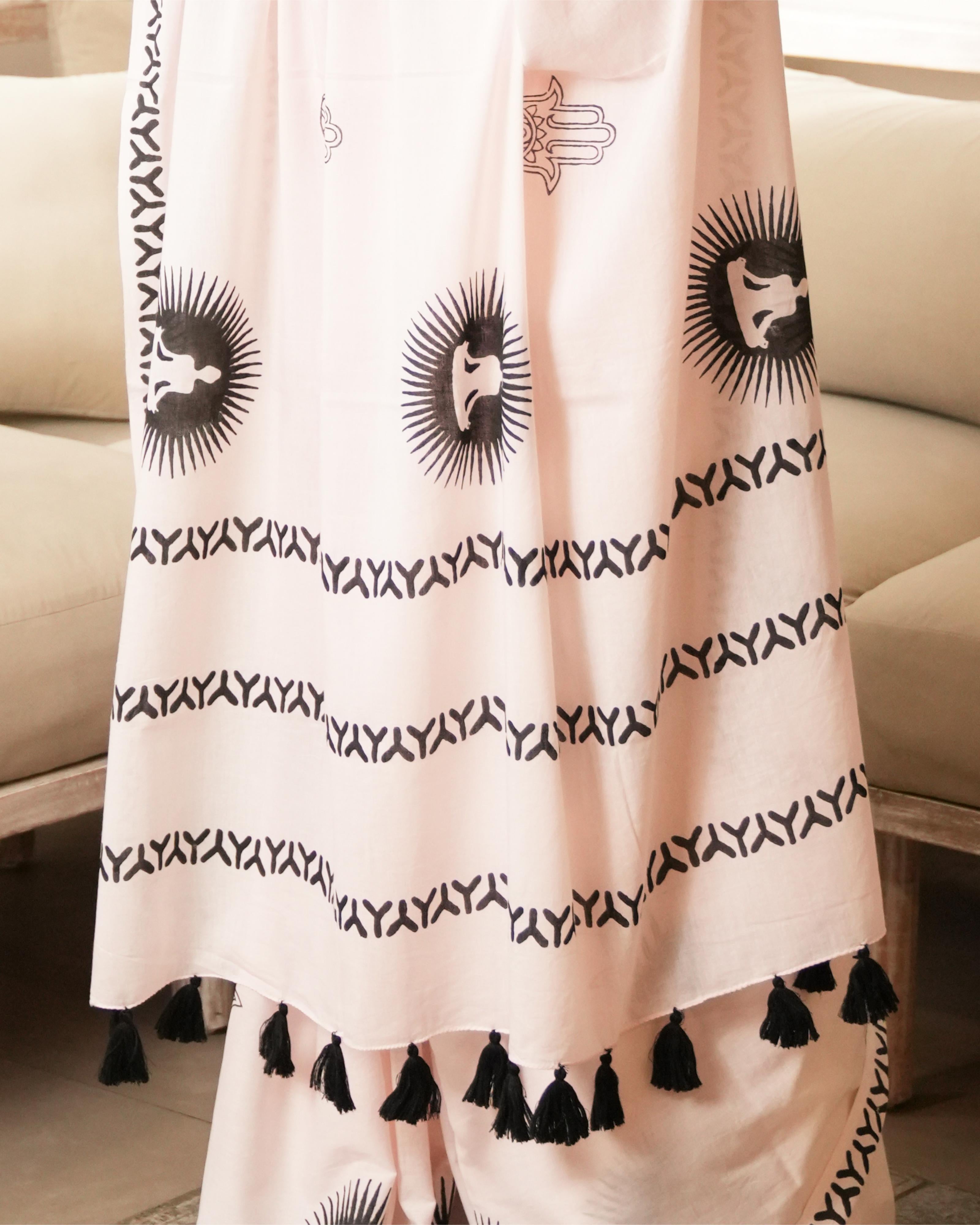 Handblock Print Mul Cotton Saree | Soft Pink Spiritual Motif for Yoga & Festive Occasions