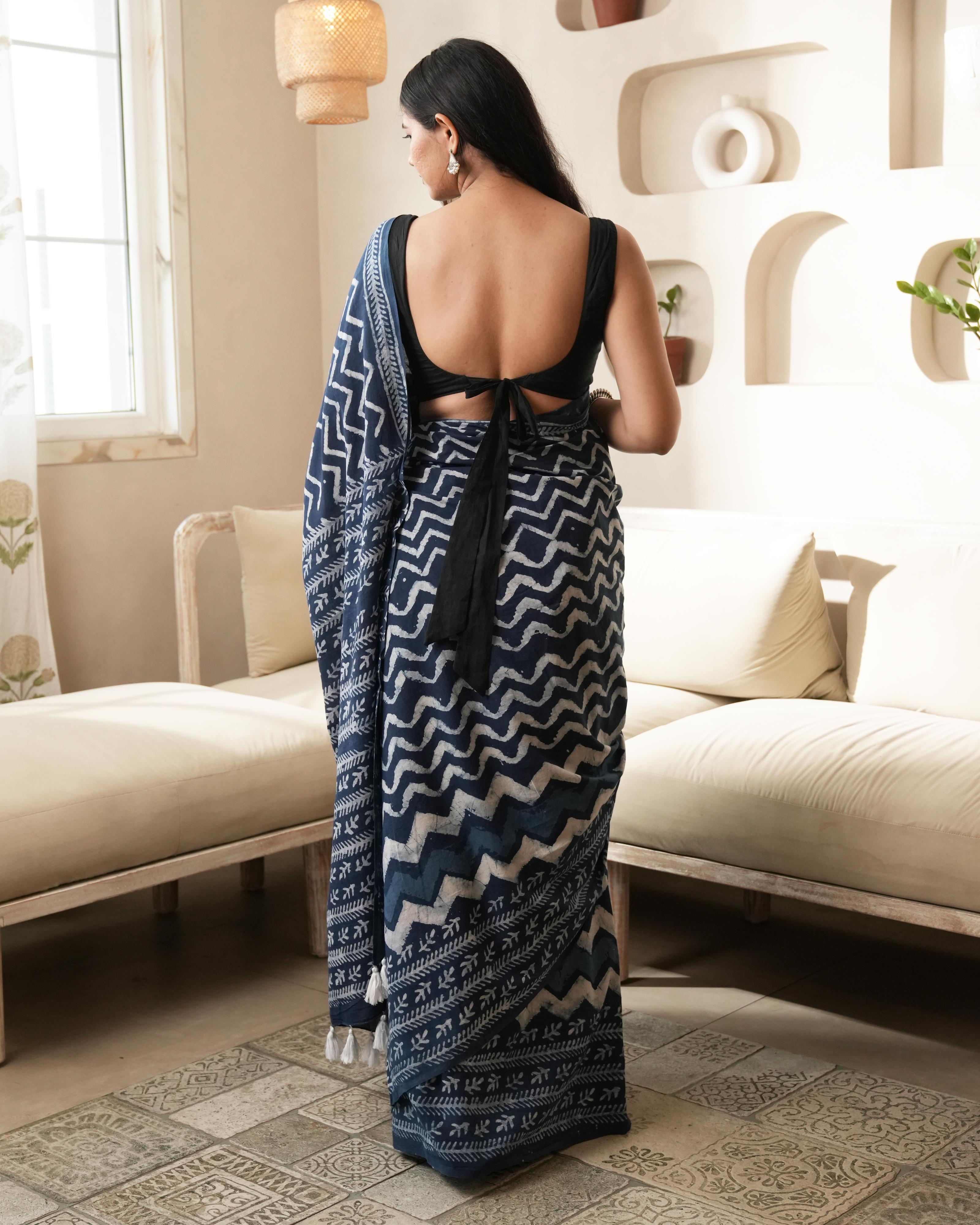 Dabu Print Mul Cotton Saree | Indigo Wave Tassel for Workdays, Brunches & Festivals