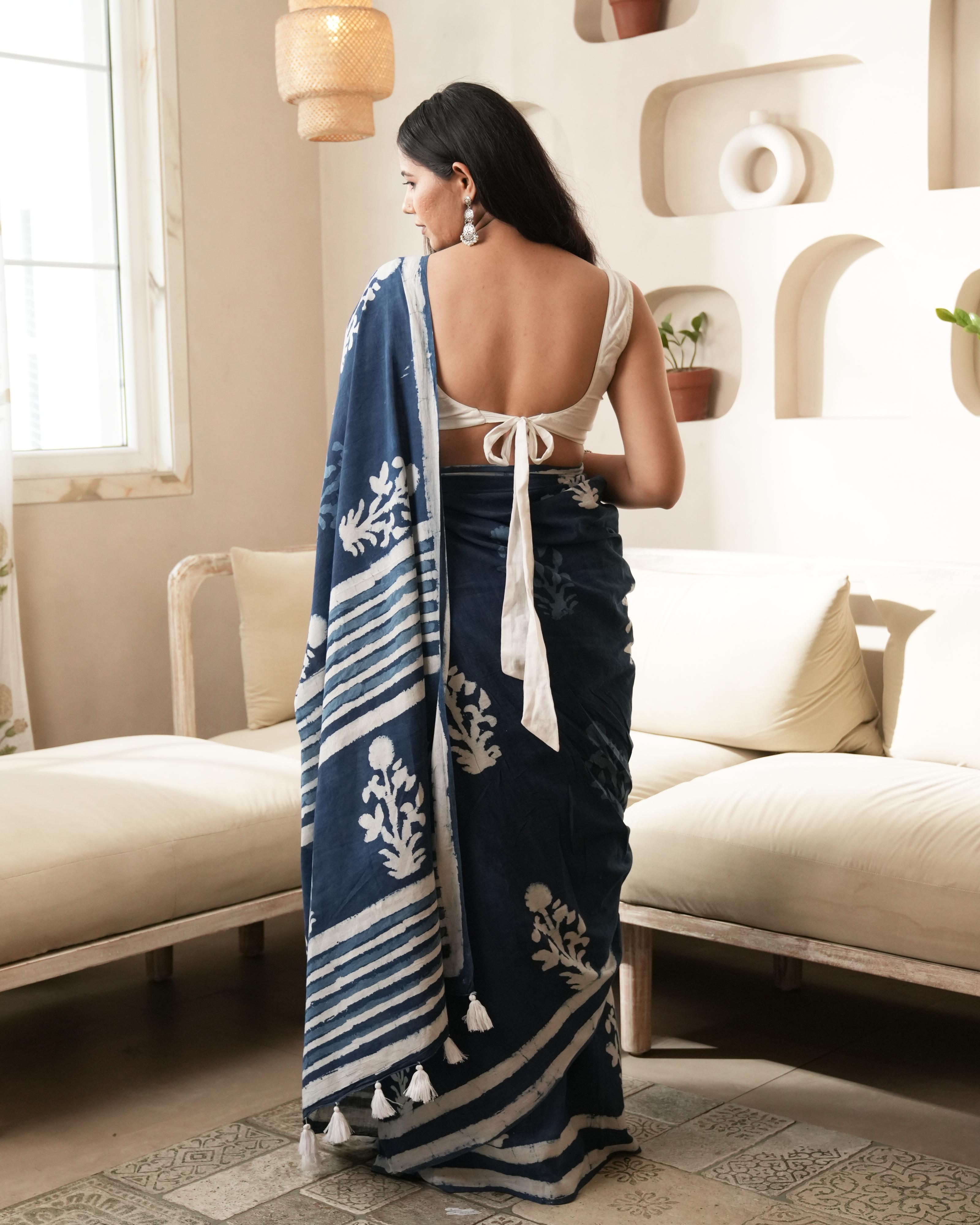 Dabu Print Mul Cotton Saree | Indigo Mughal Butta for Everyday & Cultural Events