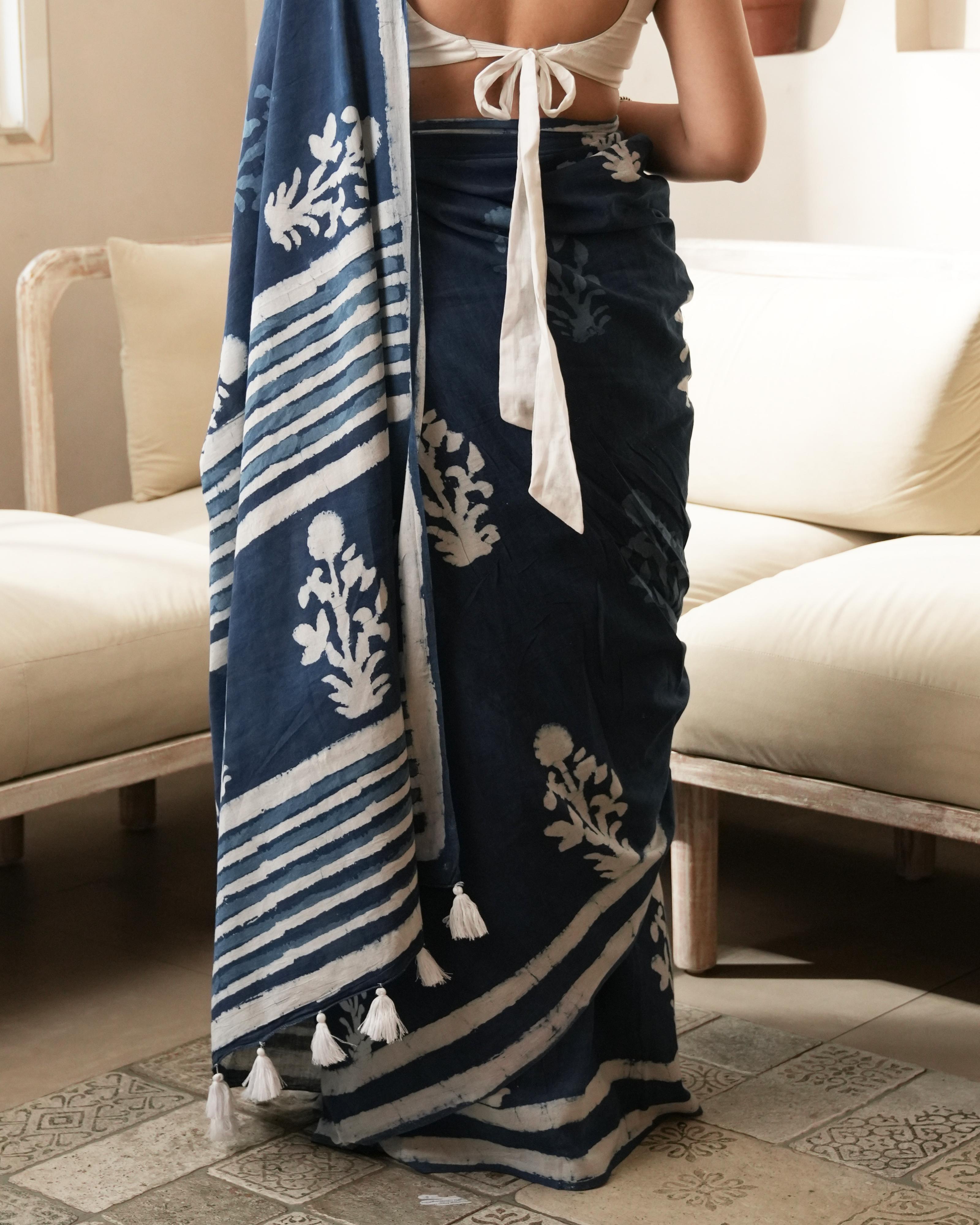 Dabu Print Mul Cotton Saree | Indigo Mughal Butta for Everyday & Cultural Events