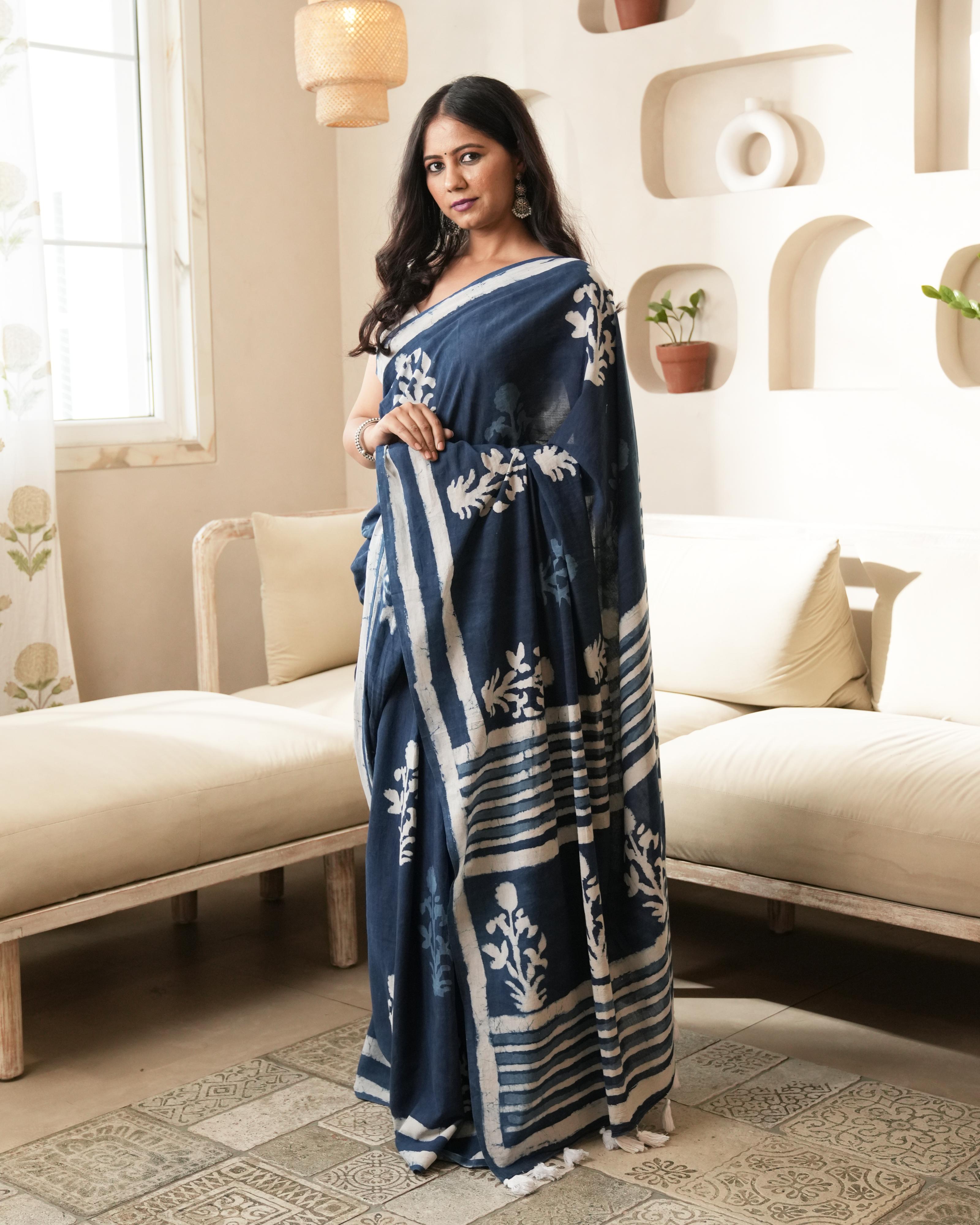 Dabu Print Mul Cotton Saree | Indigo Mughal Butta for Everyday & Cultural Events