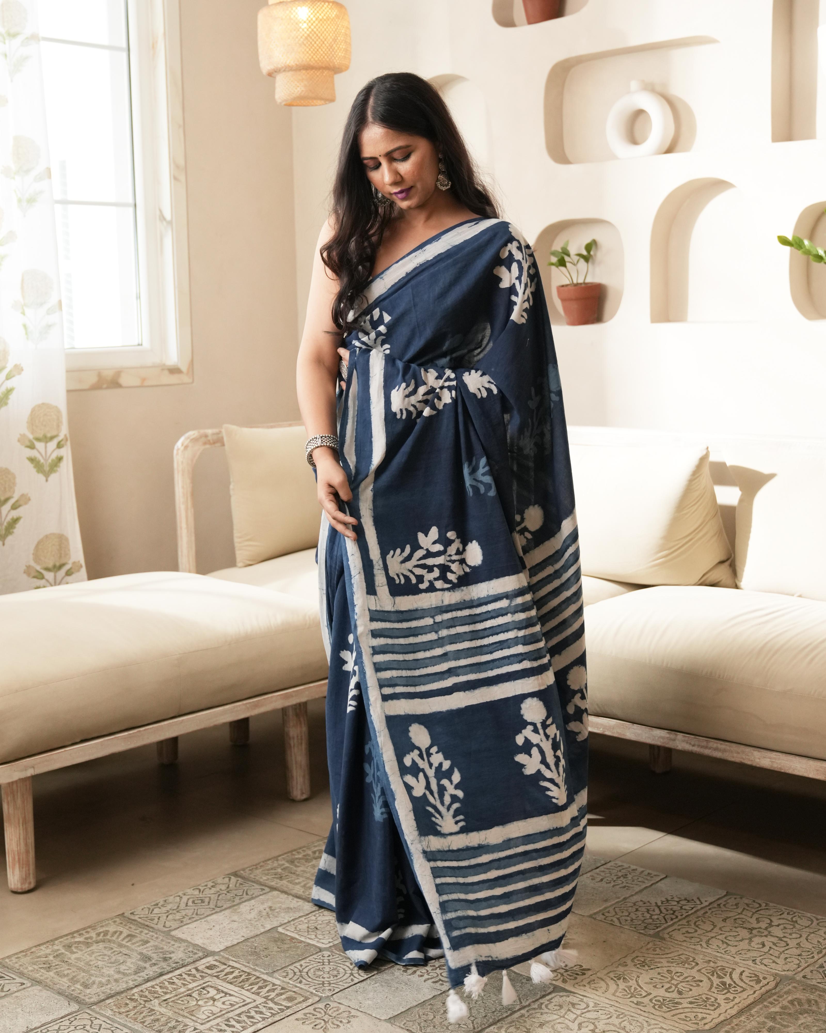 Dabu Print Mul Cotton Saree | Indigo Mughal Butta for Everyday & Cultural Events