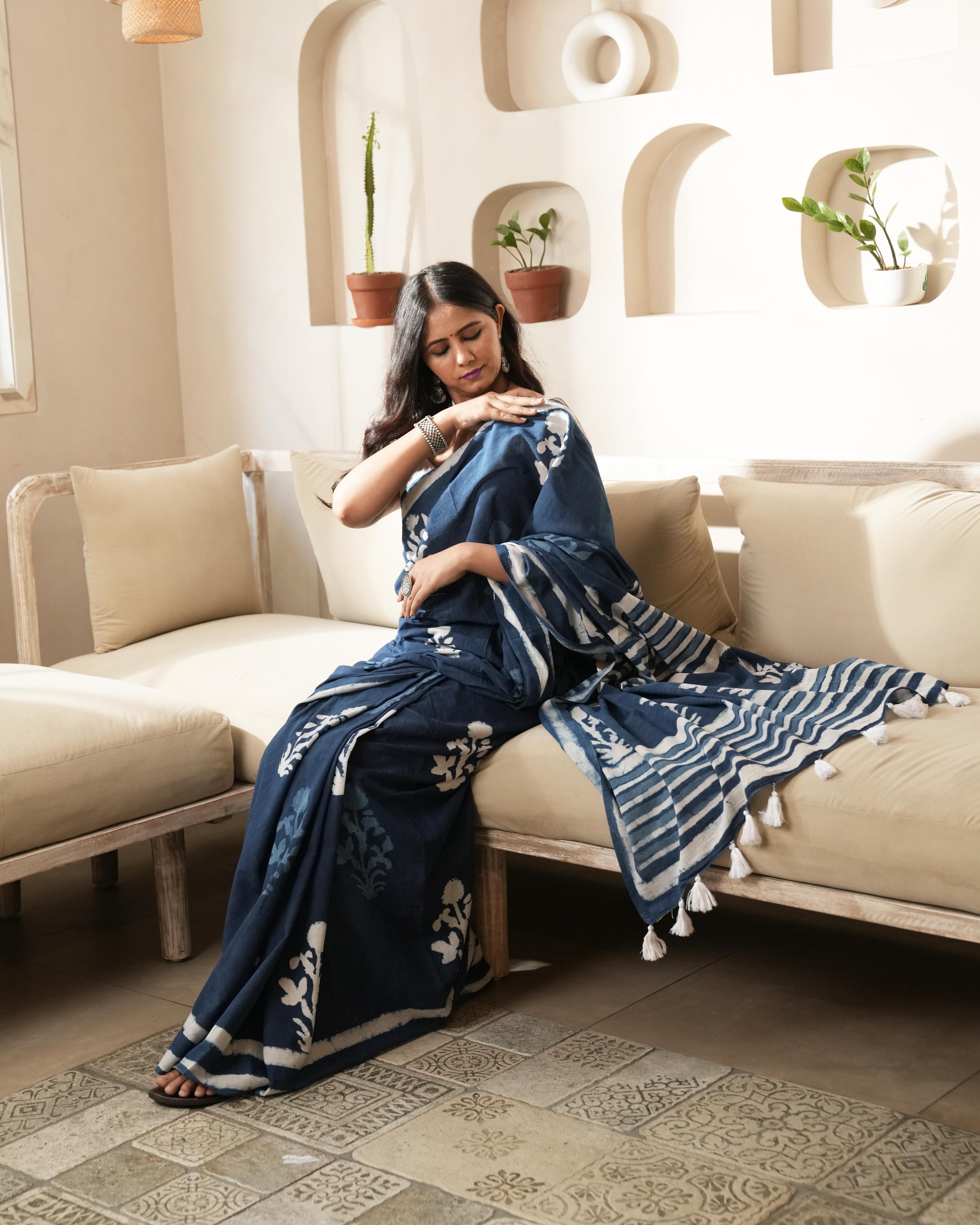 Dabu Print Mul Cotton Saree | Indigo Mughal Butta for Everyday & Cultural Events