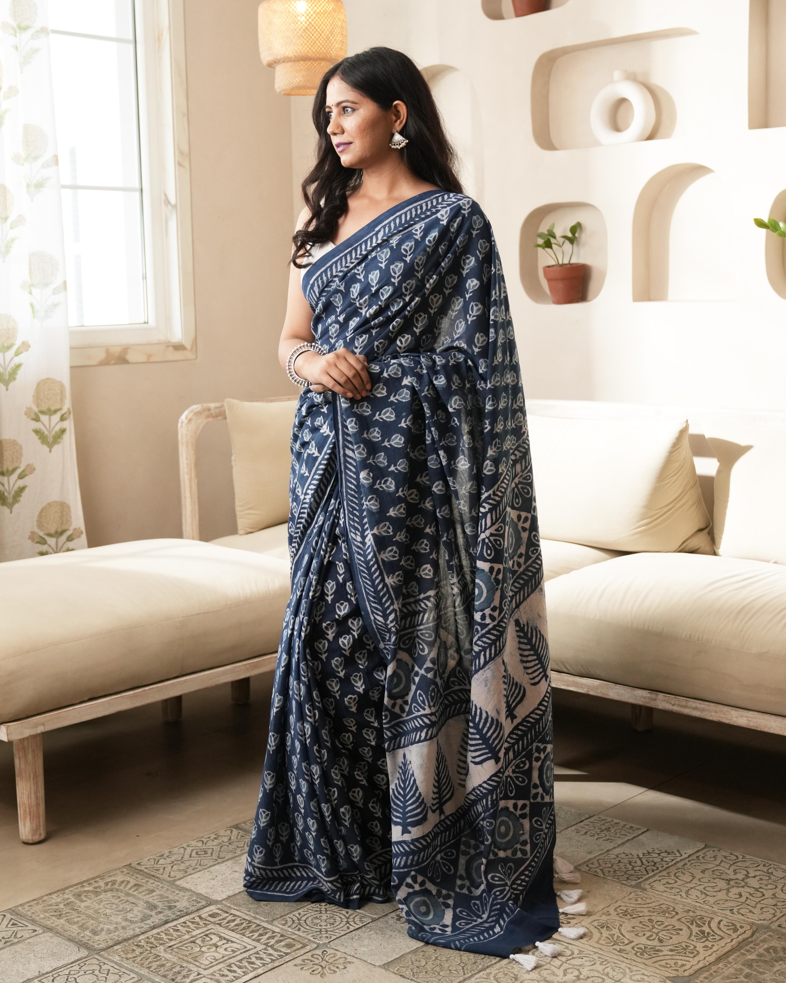 Dabu Print Mul Cotton Saree | Indigo Butti for Daily Wear, Work & Cultural Events