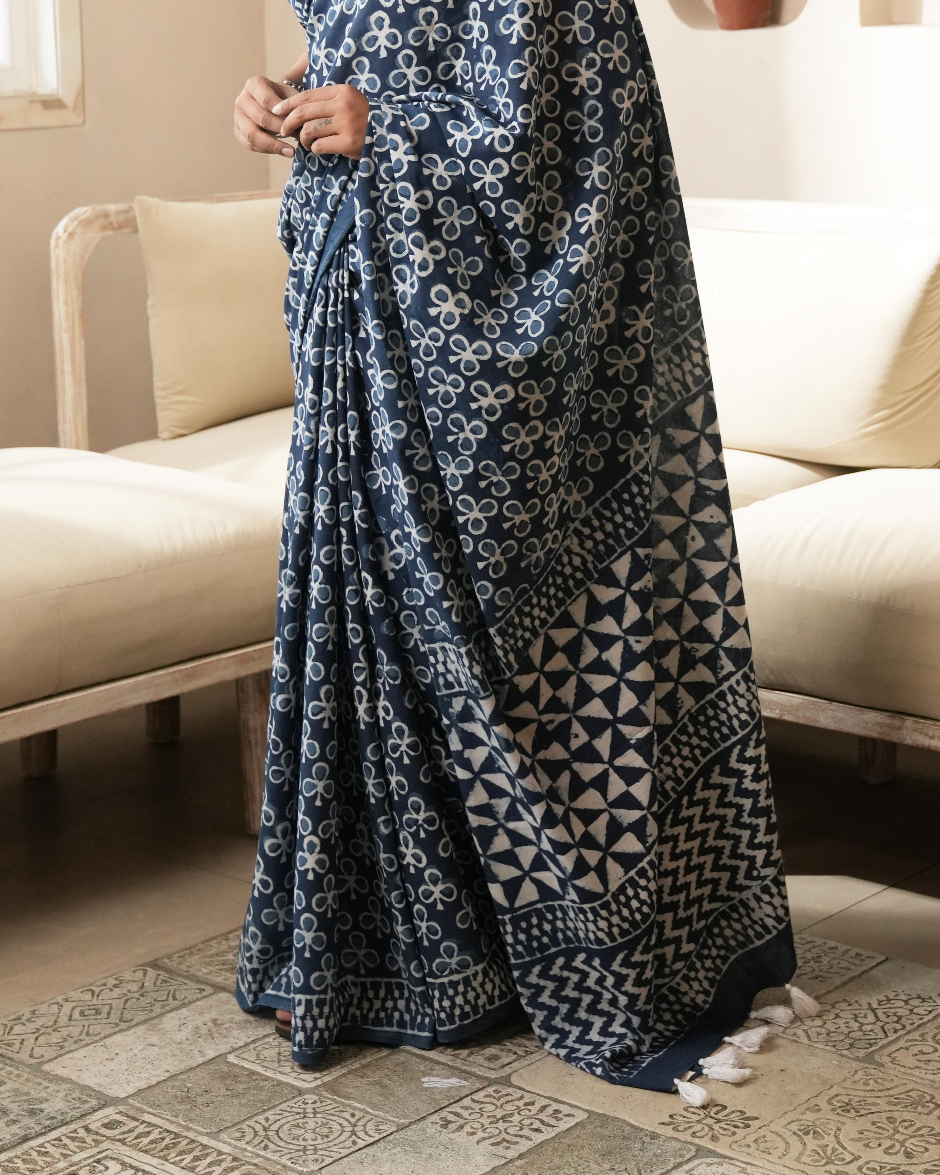 Dabu Print Mul Cotton Saree | Indigo Traditional for Festivals, Everyday & Heritage Wear