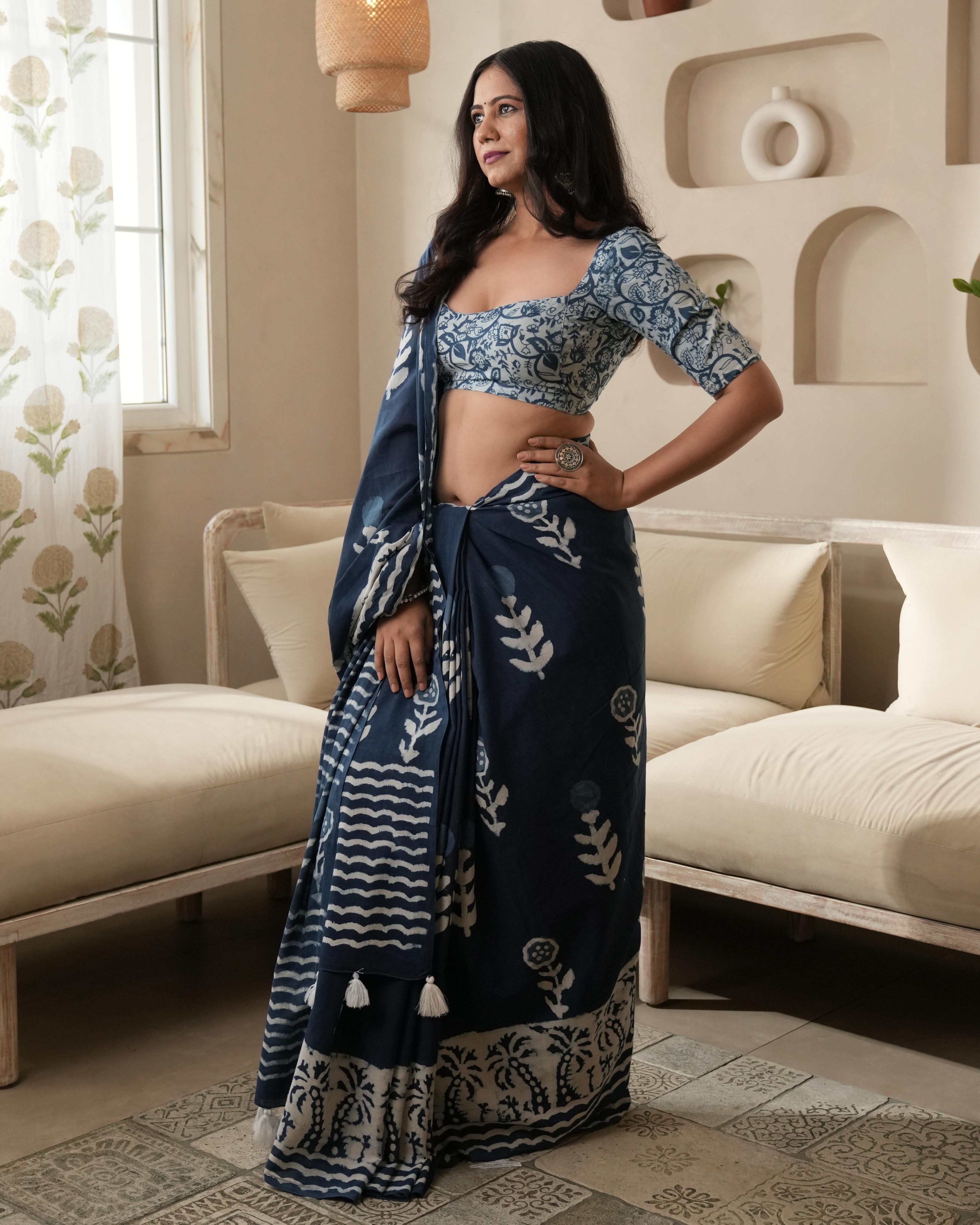 Dabu Print Mul Cotton Saree | Indigo Parecha Border for Festive & Cultural Occasions