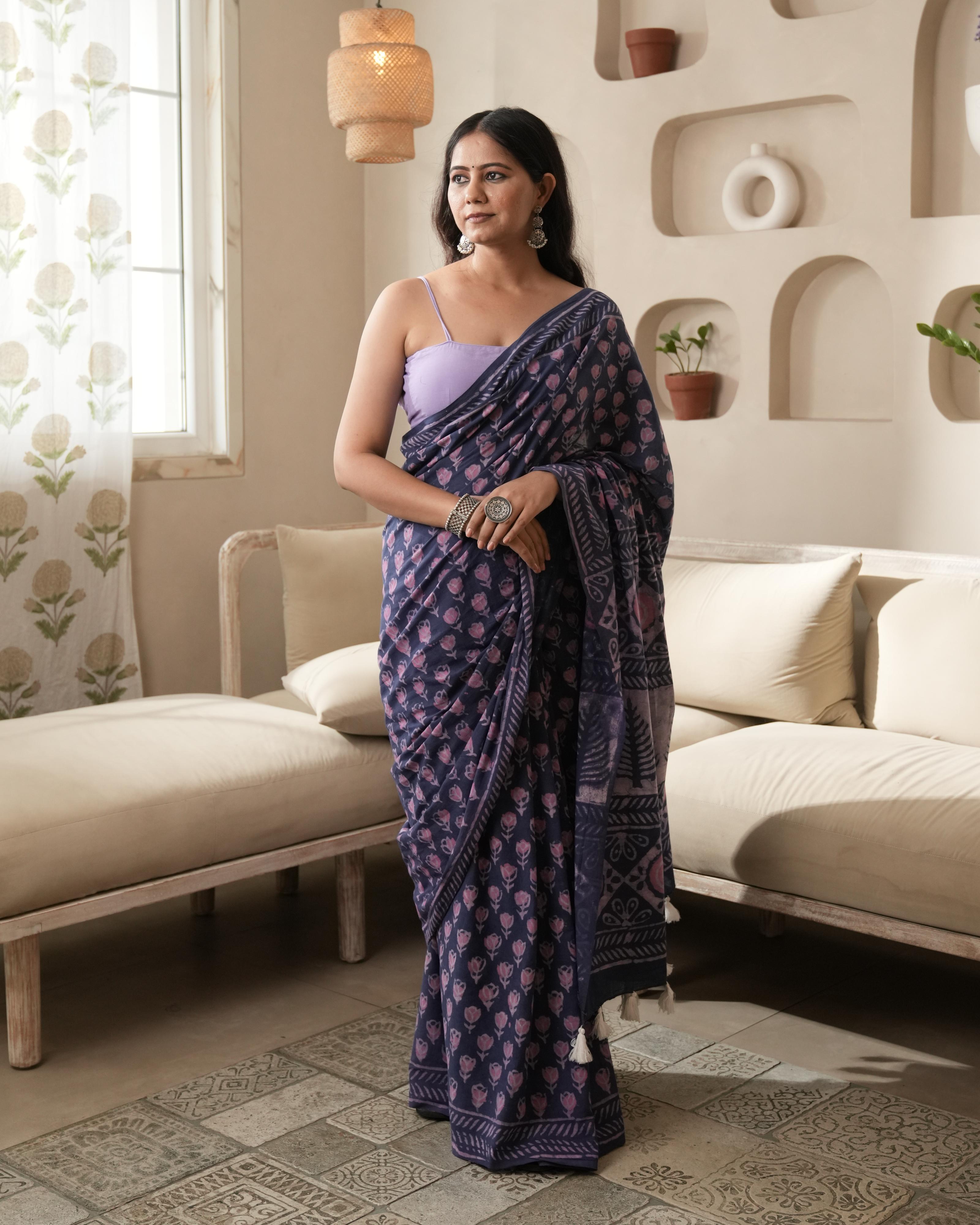 Dabu Print Mul Cotton Saree | Purple Butti Tassel for Festive & Day-to-Evening Wear