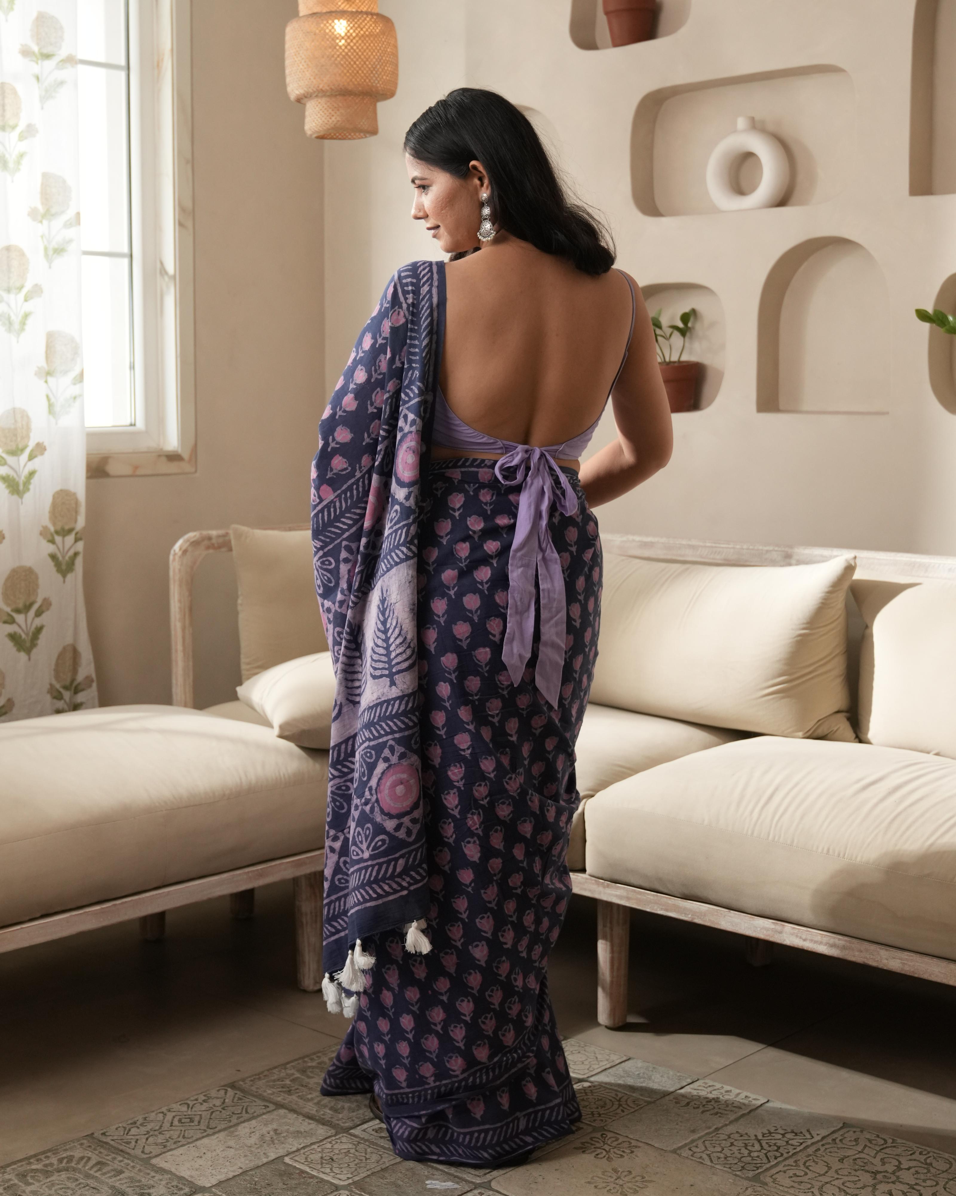 Dabu Print Mul Cotton Saree | Purple Butti Tassel for Festive & Day-to-Evening Wear
