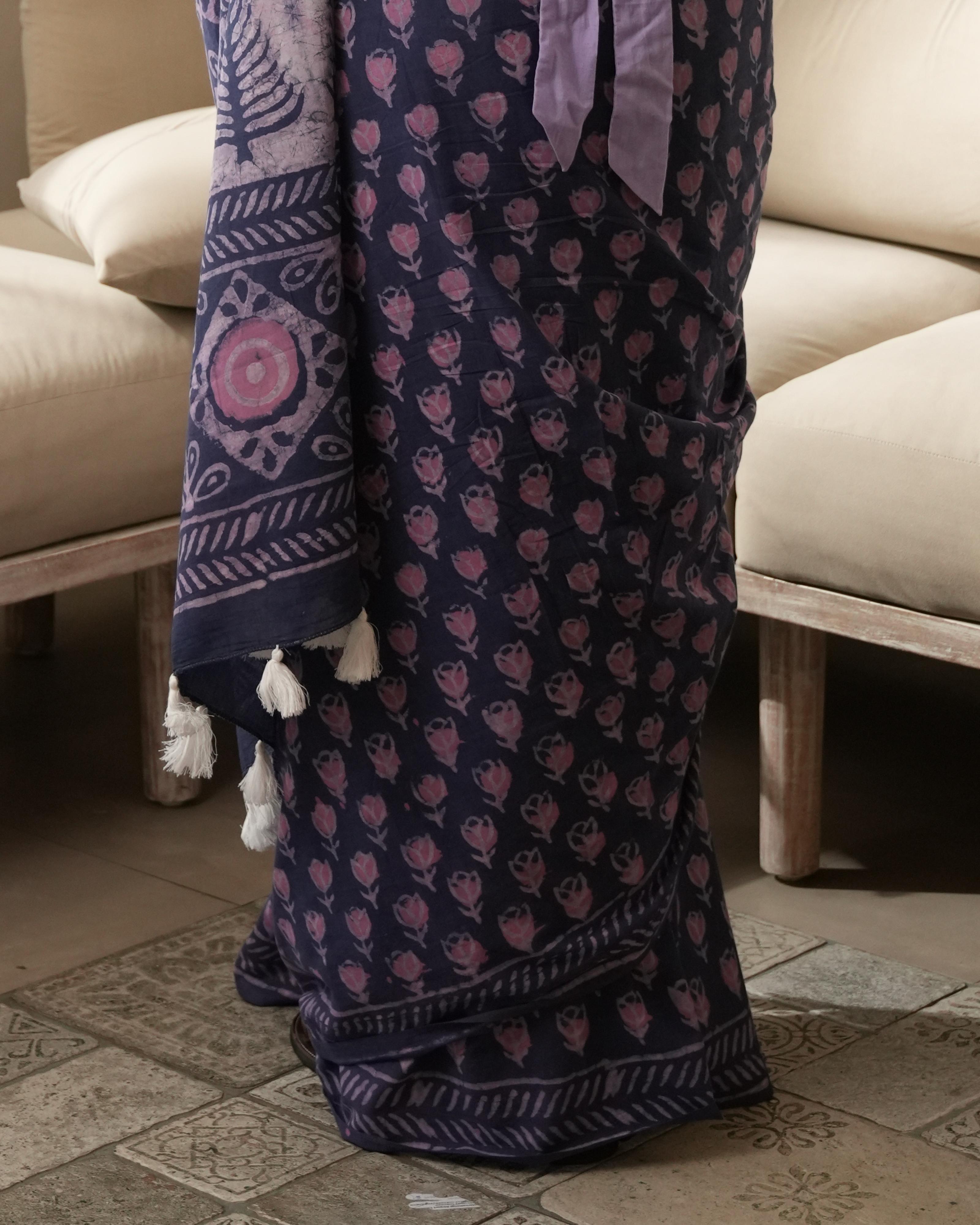 Dabu Print Mul Cotton Saree | Purple Butti Tassel for Festive & Day-to-Evening Wear