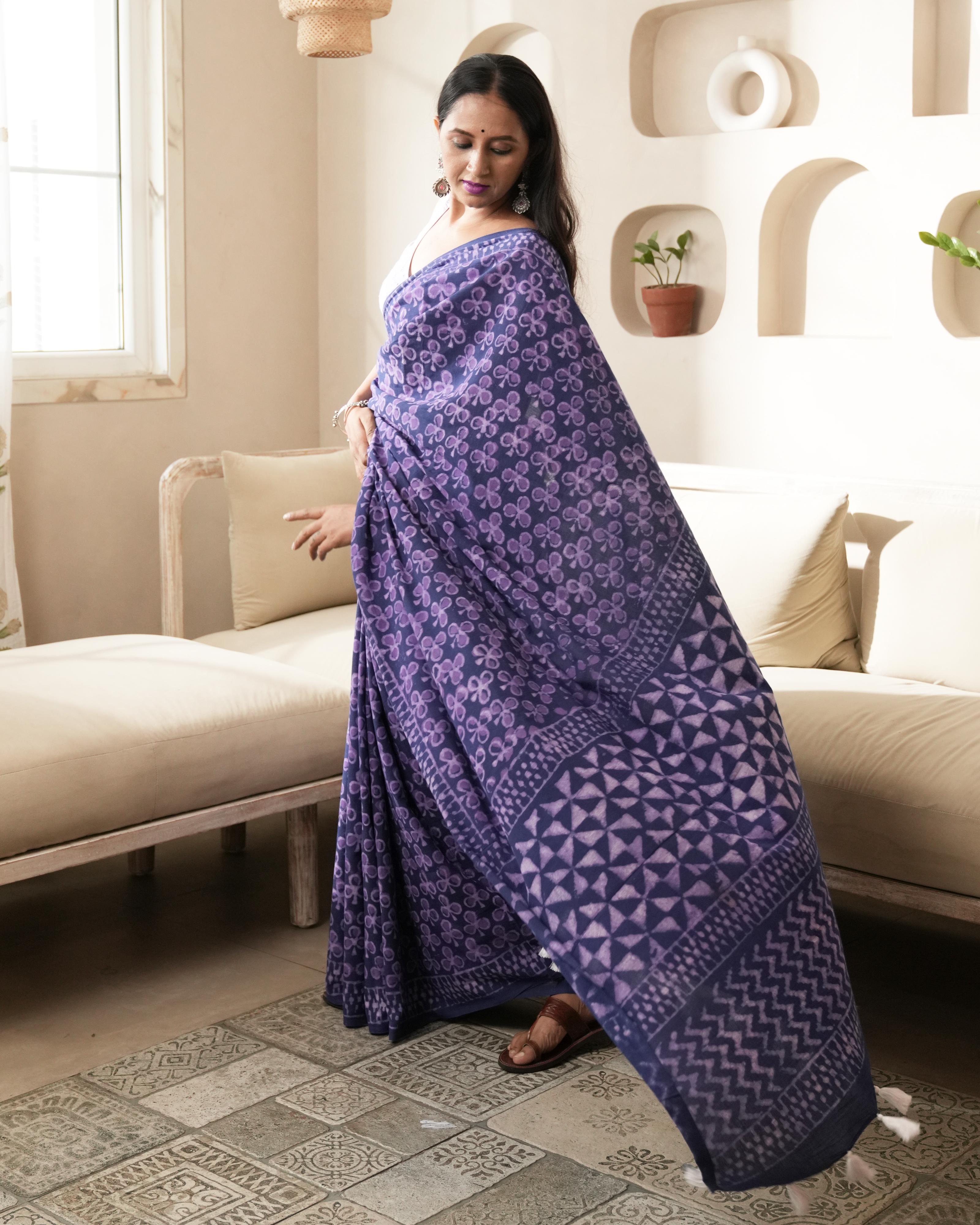 Dabu Print Mul Cotton Saree | Indigo Blue Tassel for Daytime Gatherings & Festive Wear