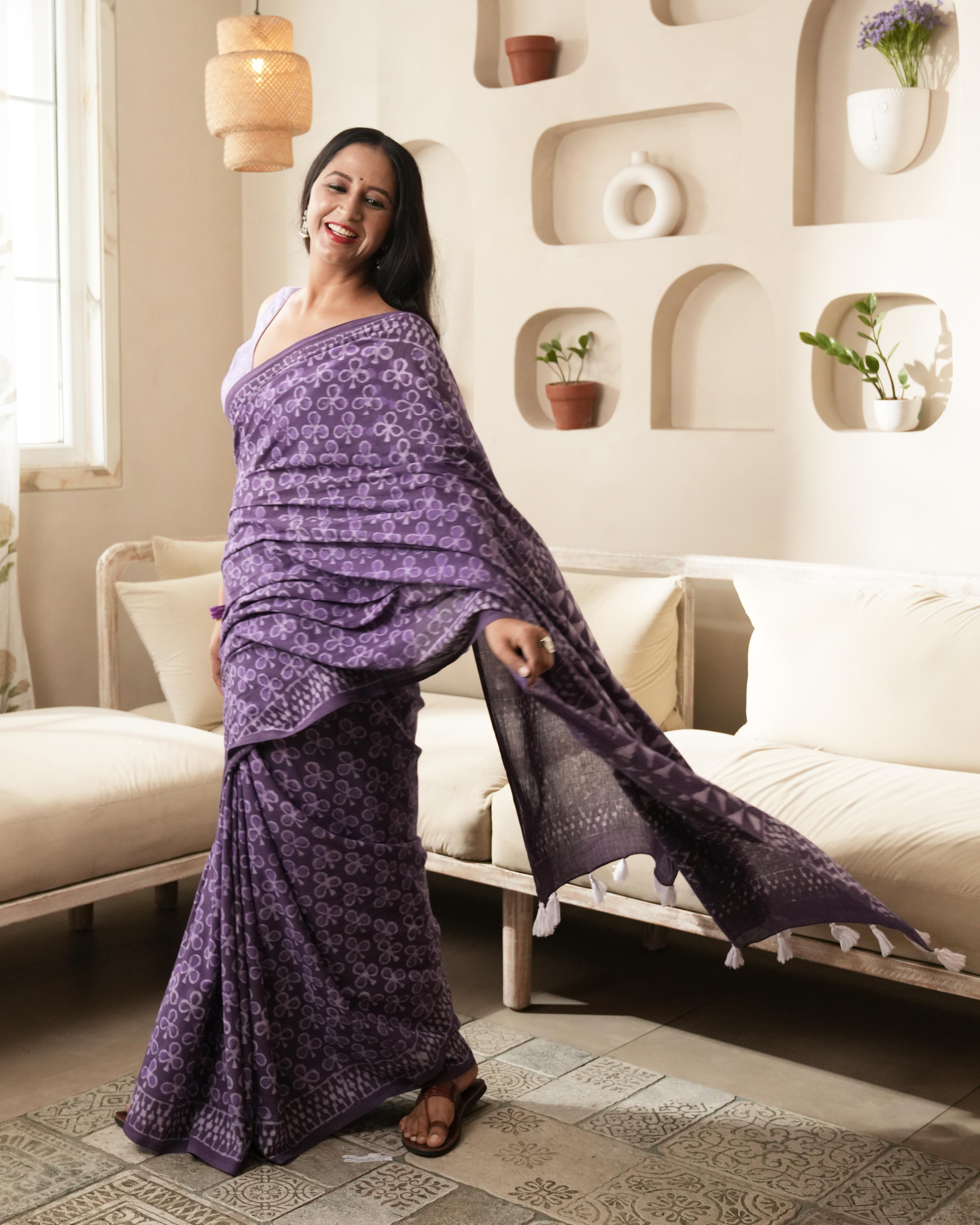 Dabu Print Mul Cotton Saree | Rustic Purple Butti Tassel for Cultural & Festive Wear
