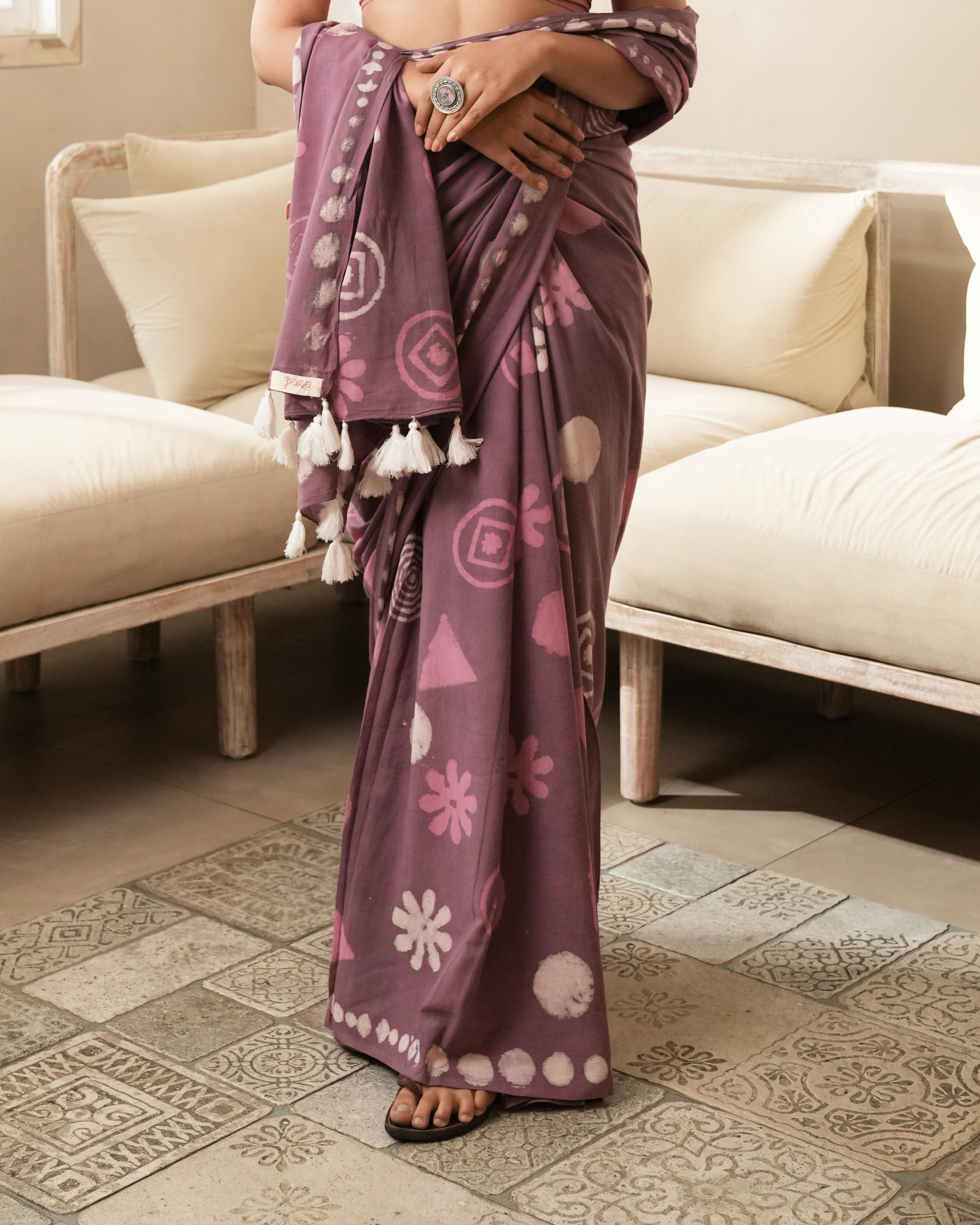 Dabu Print Mul Cotton Saree | Rustic Pink Multi Motif Tassel for Festive & Creative Events
