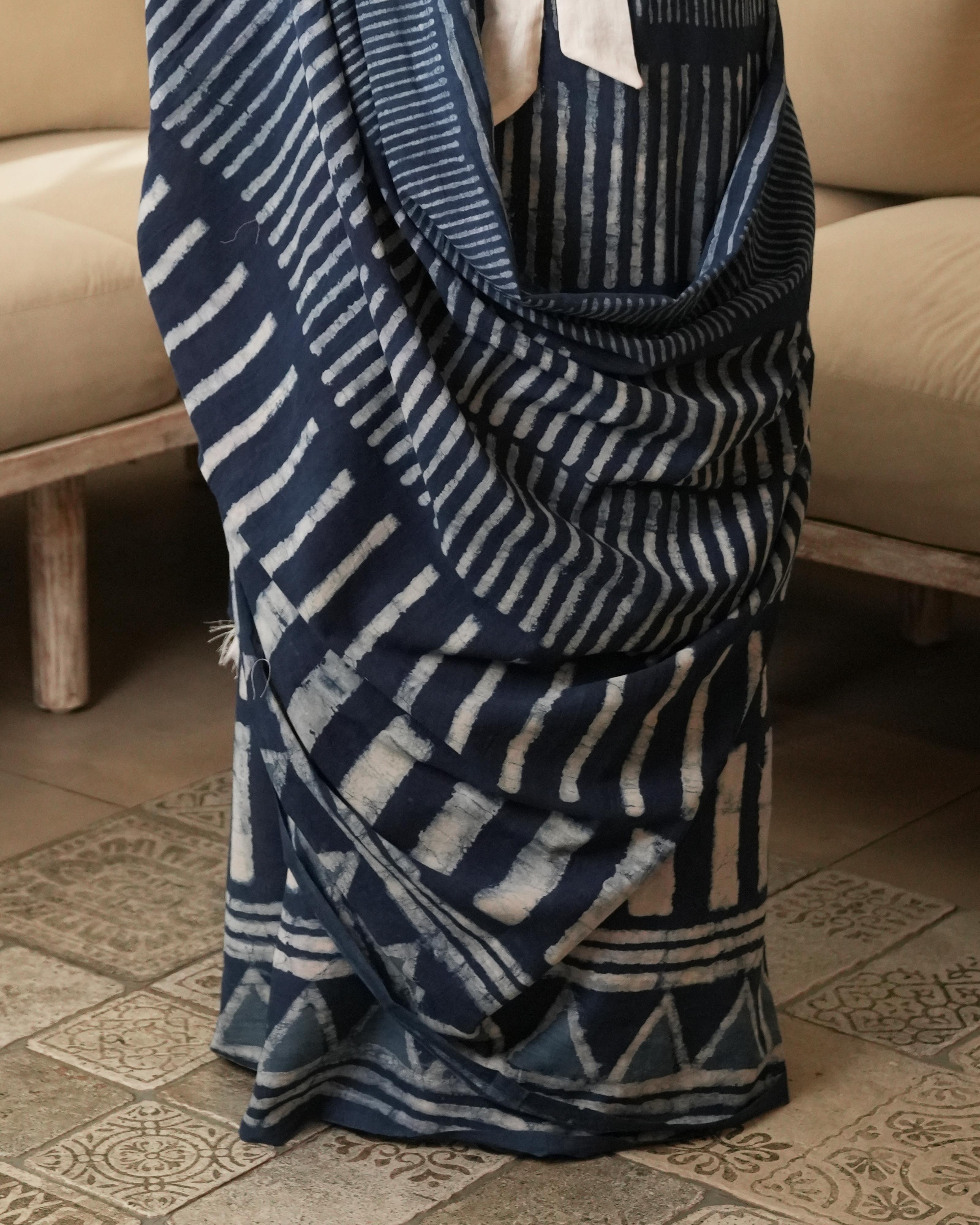 Dabu Print Mul Cotton Saree | Indigo Silli Tassel for Cultural & Festive Occasions