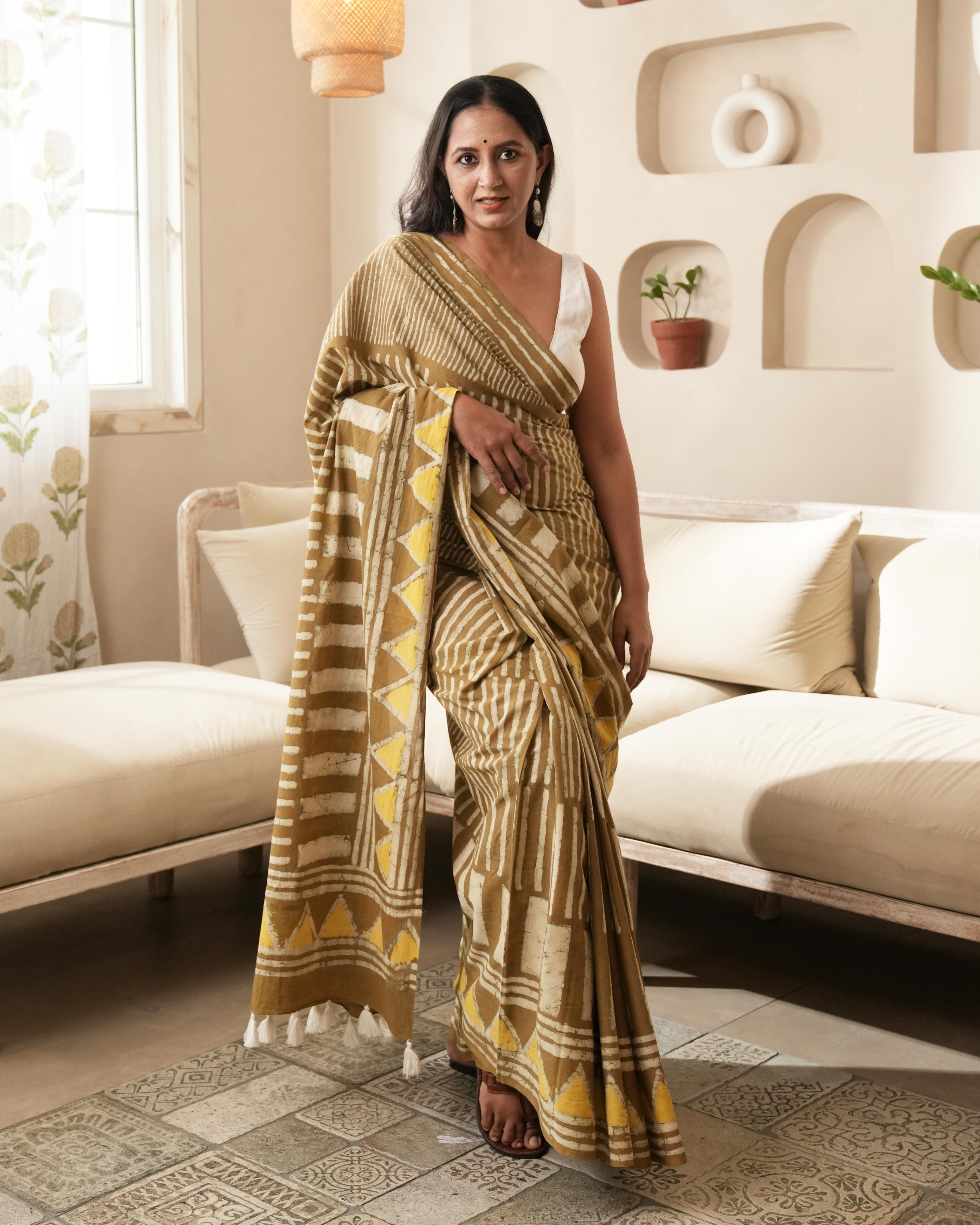 Dabu Print Mul Cotton Saree | Mustard Silli Tassel for Festive & Cultural Occasions