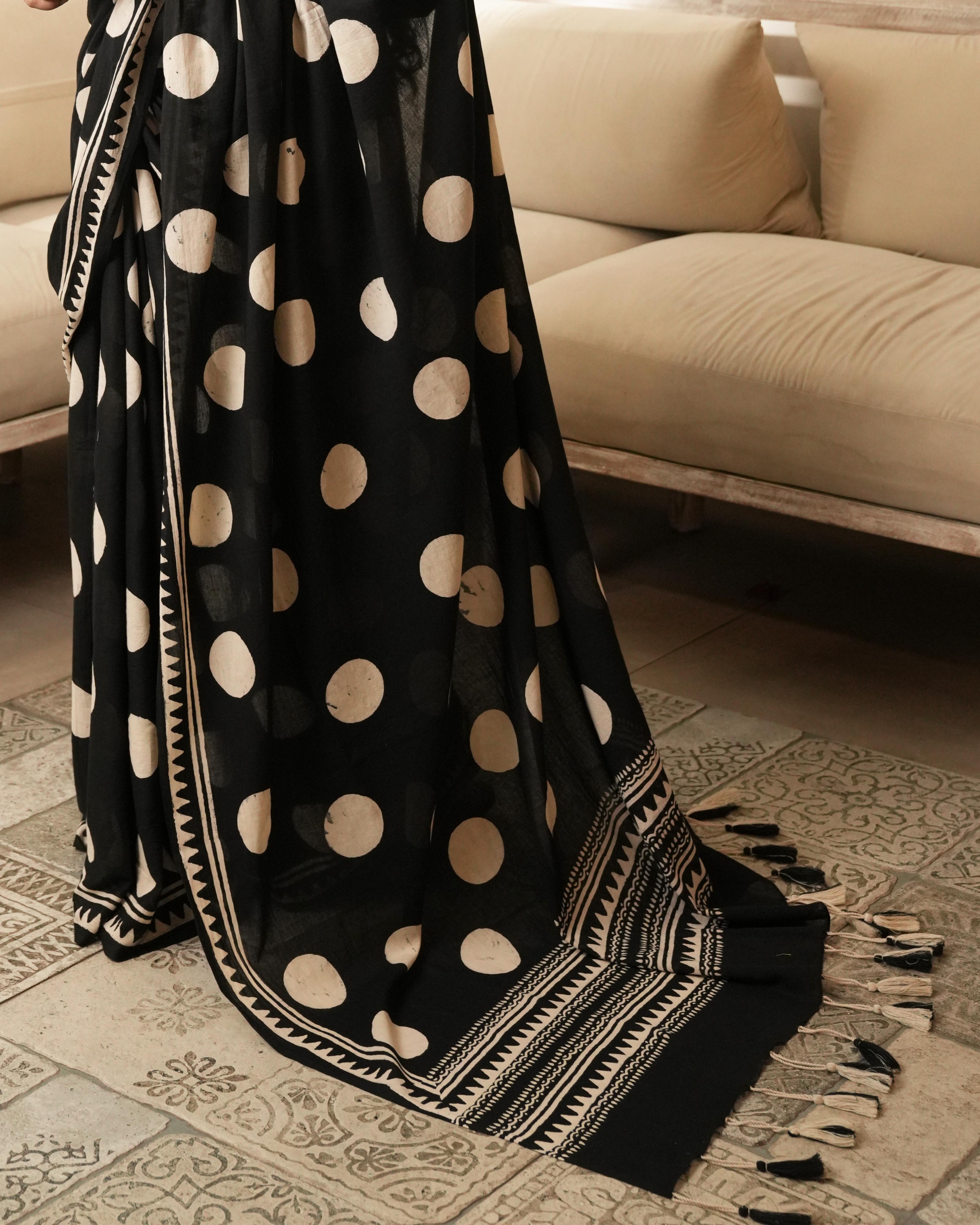 polka dot block print mul saree drape