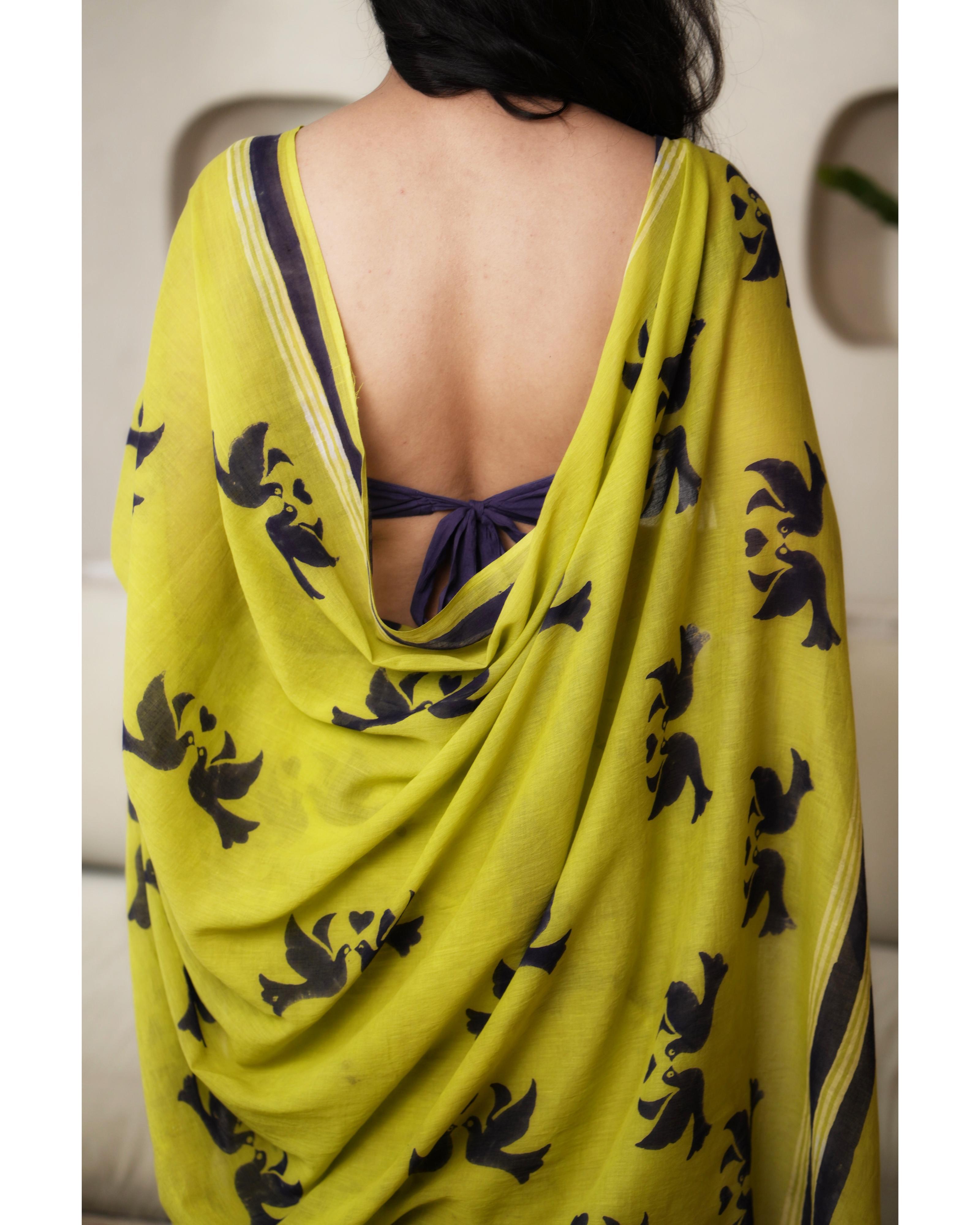 green hand printed mulmul saree
