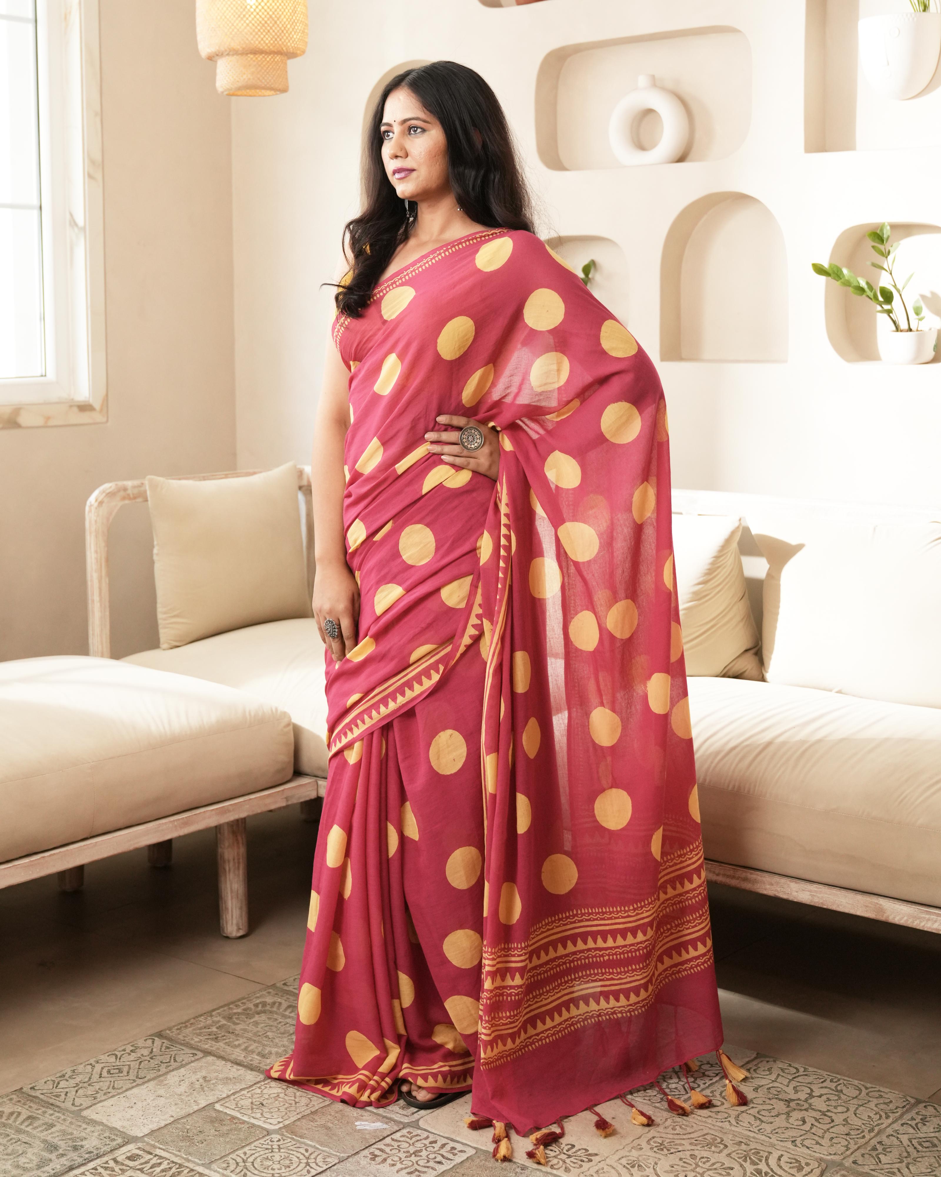 magenta polka dot mulmul saree
