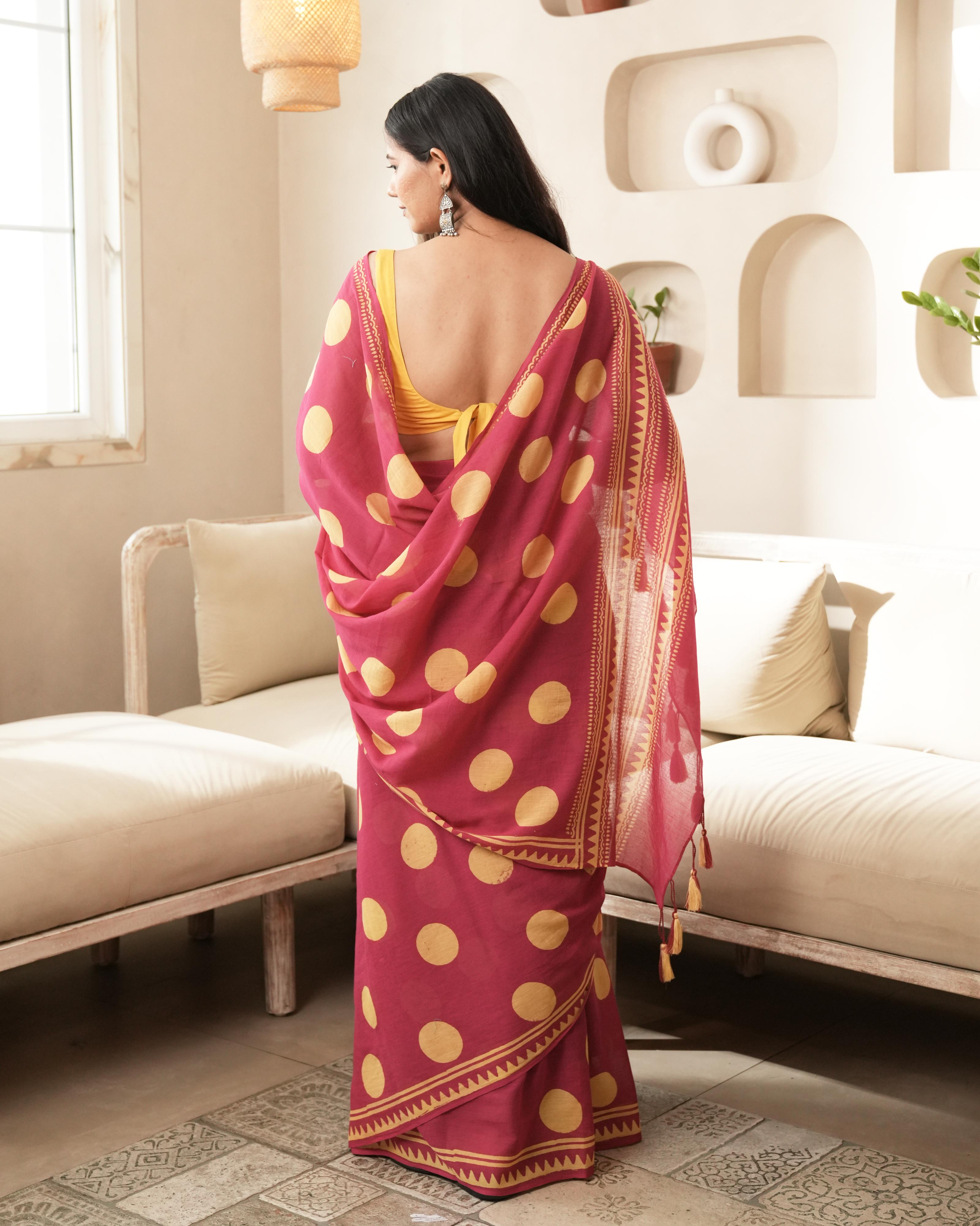 bright pink hand printed saree