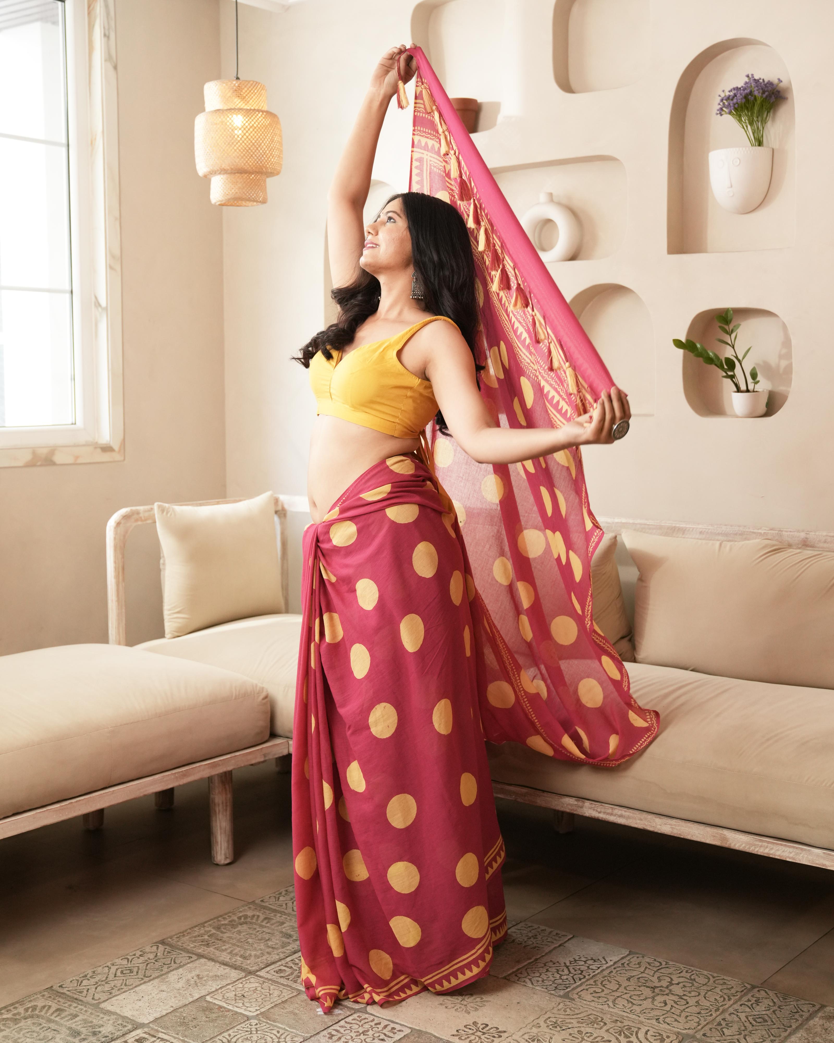 magenta mul saree drape