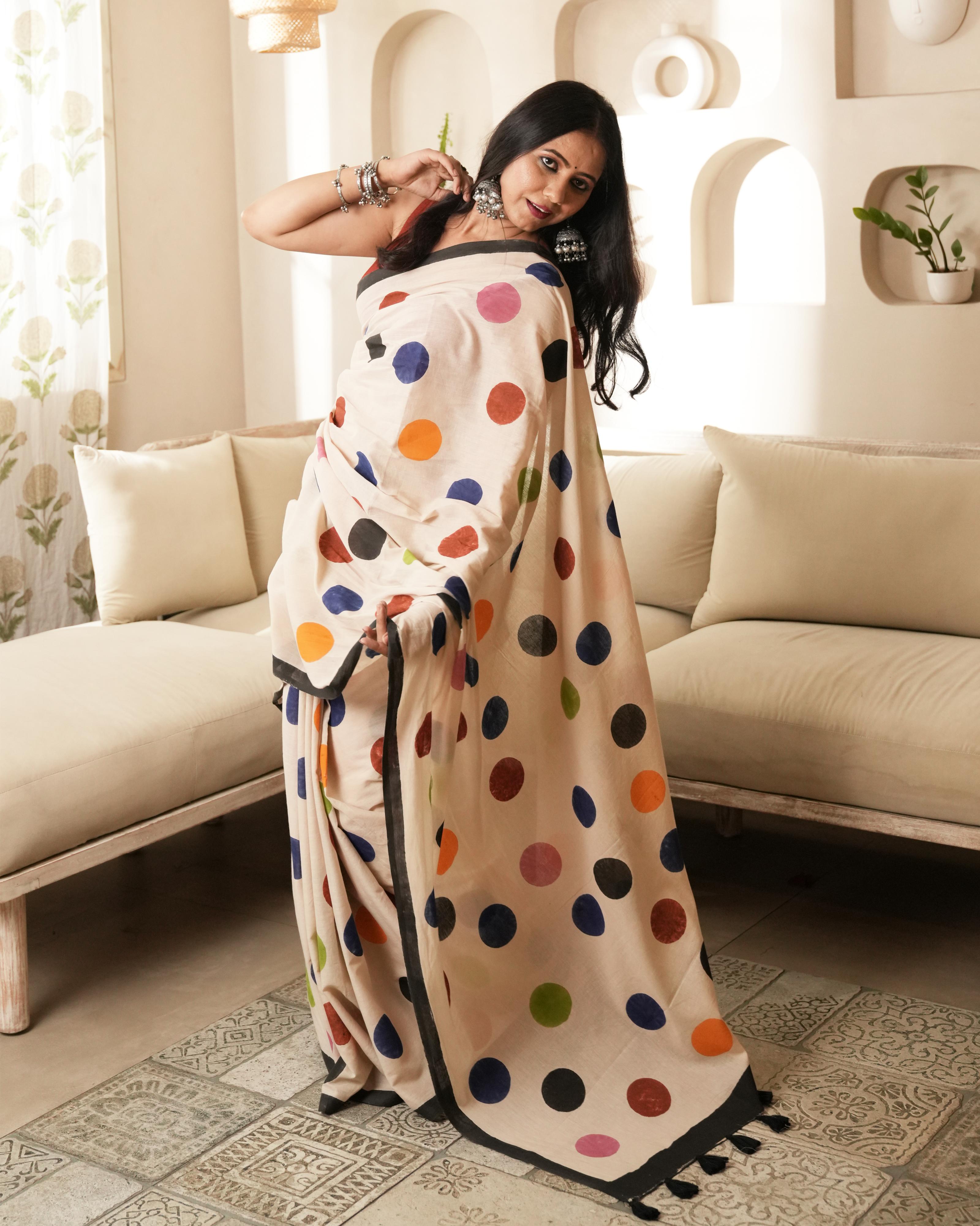 Ivory Multi-Color Polka Dot Printed Mul Saree with Tassels
