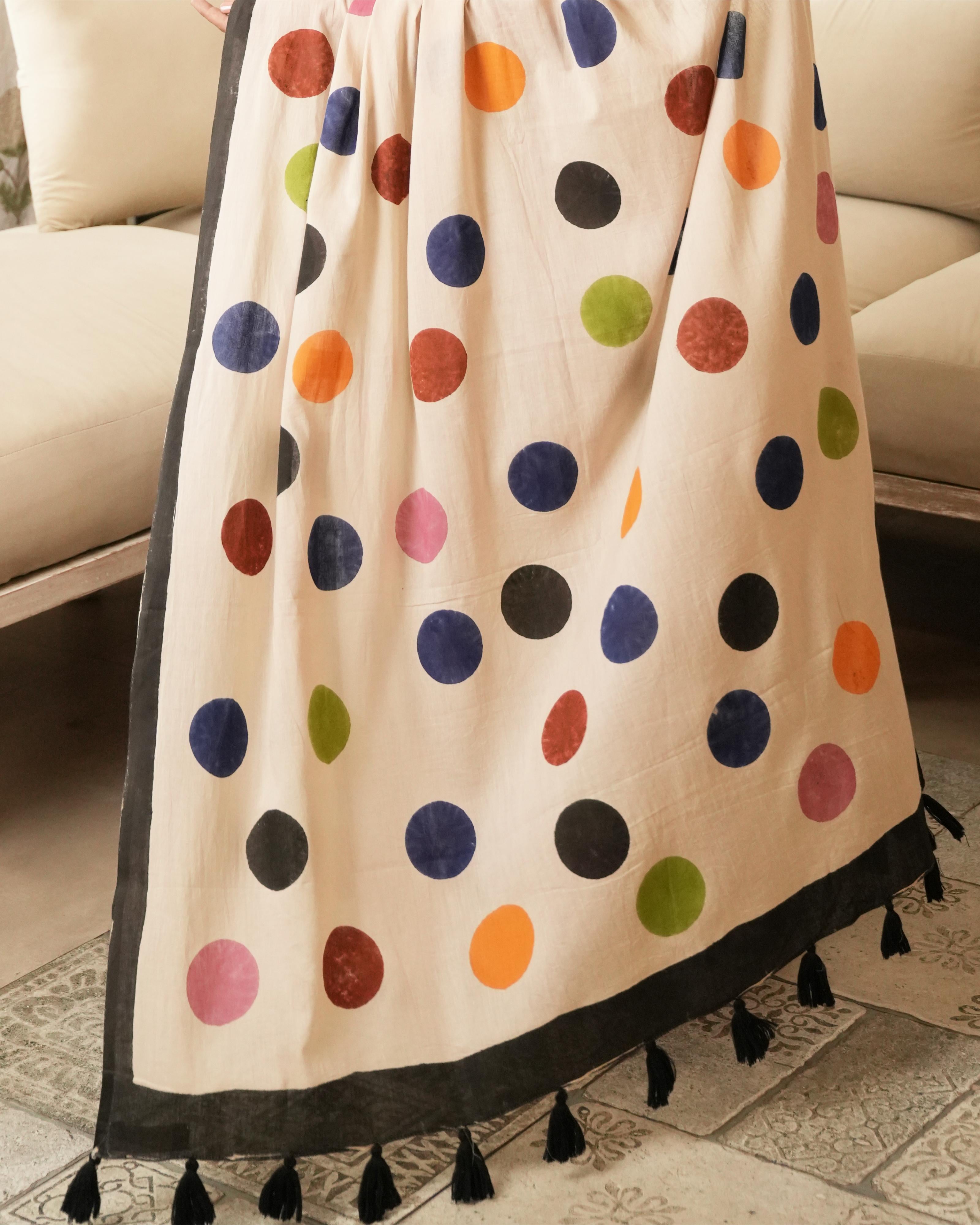 Ivory Multi-Color Polka Dot Printed Mul Saree with Tassels