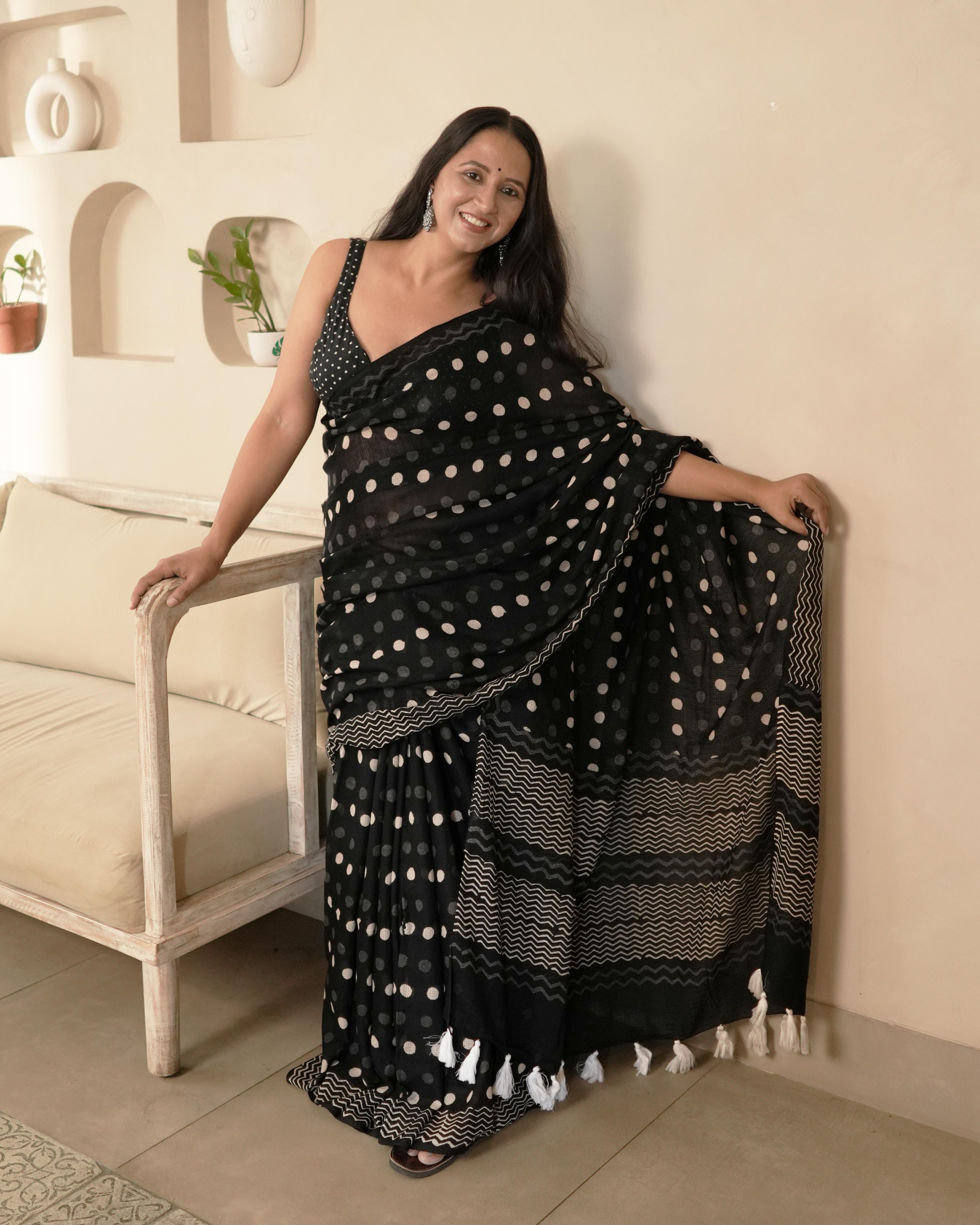 Handblock Print Moonga Cotton Saree | Polka Tassel for Office, Brunches & Cultural Events