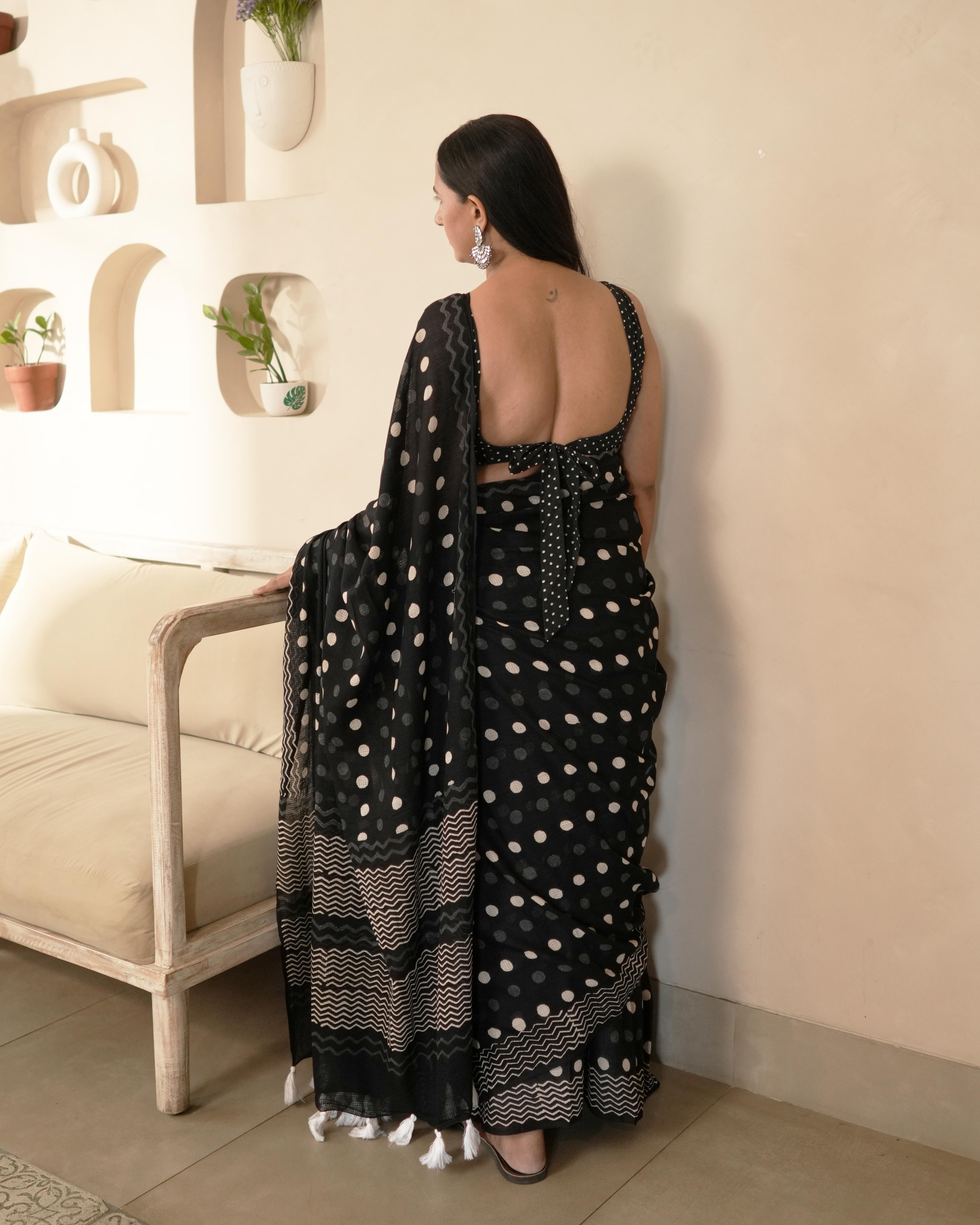 Handblock Print Moonga Cotton Saree | Polka Tassel for Office, Brunches & Cultural Events