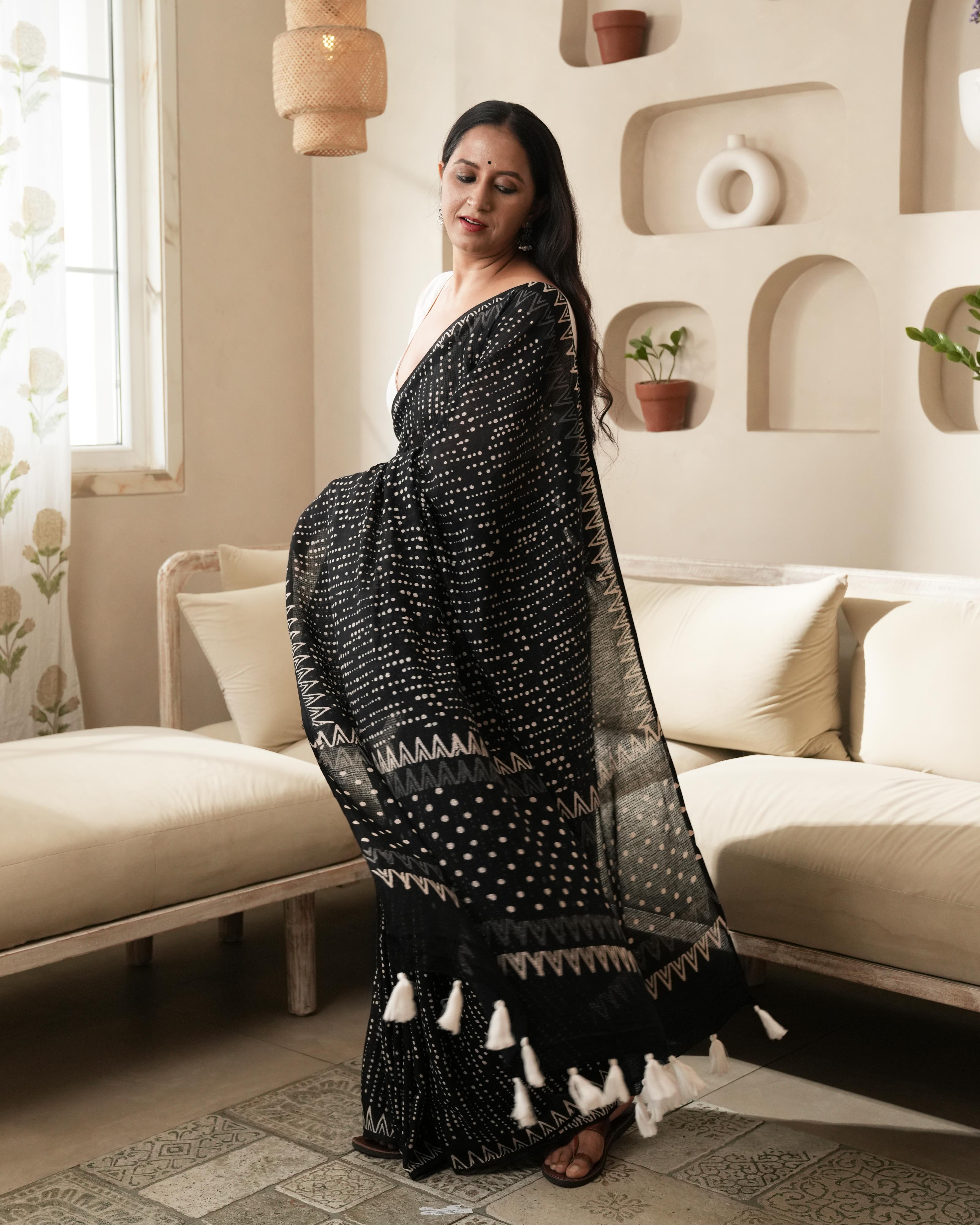 hand printed dot cotton saree