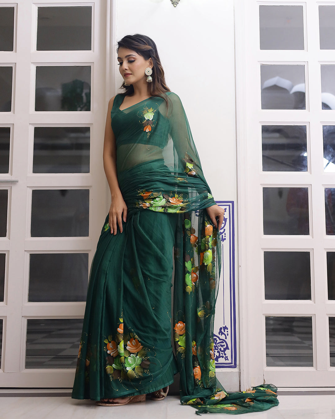 Hand Painted Chiffon Saree | Bottle Green Floral for Weddings & Festive Evenings