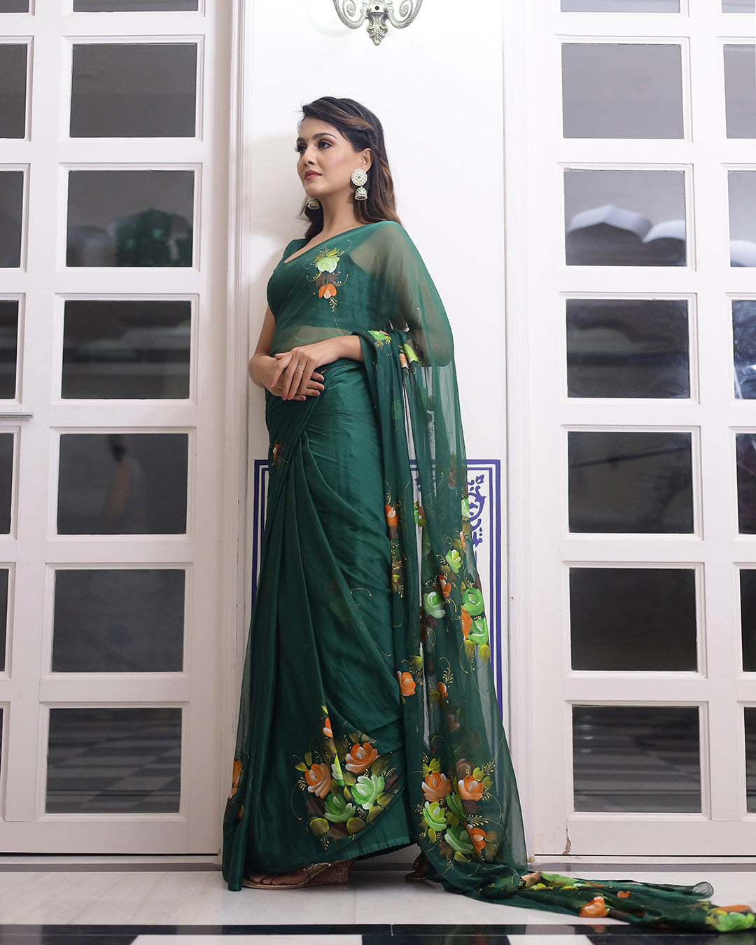 Hand Painted Chiffon Saree | Bottle Green Floral for Weddings & Festive Evenings