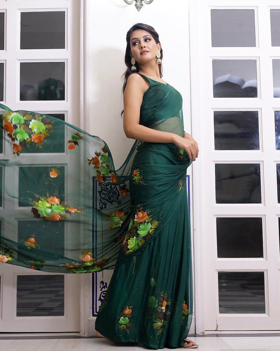Hand Painted Chiffon Saree | Bottle Green Floral for Weddings & Festive Evenings