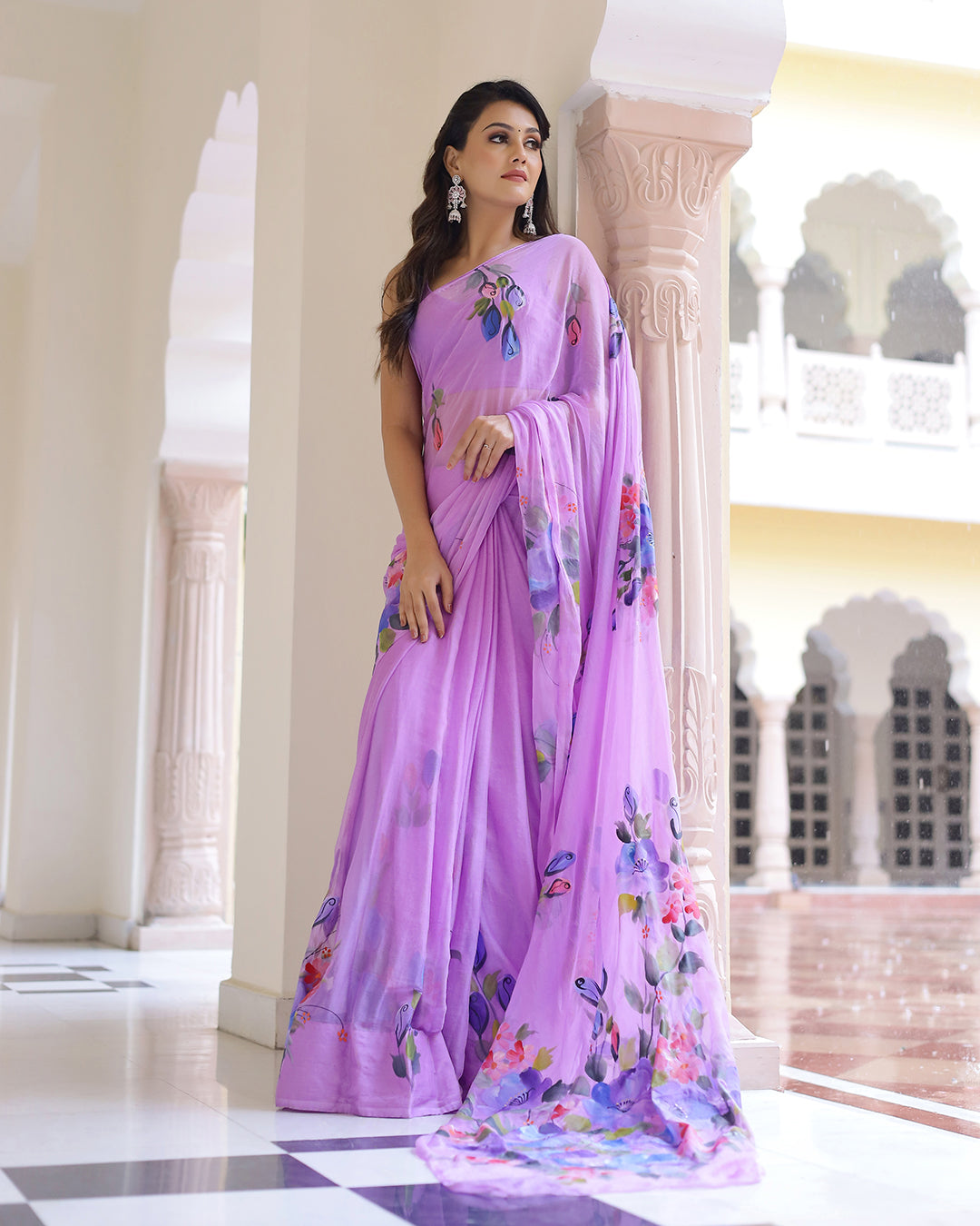 Hand Painted Chiffon Saree | Lilac Floral for Spring Weddings & Garden Parties