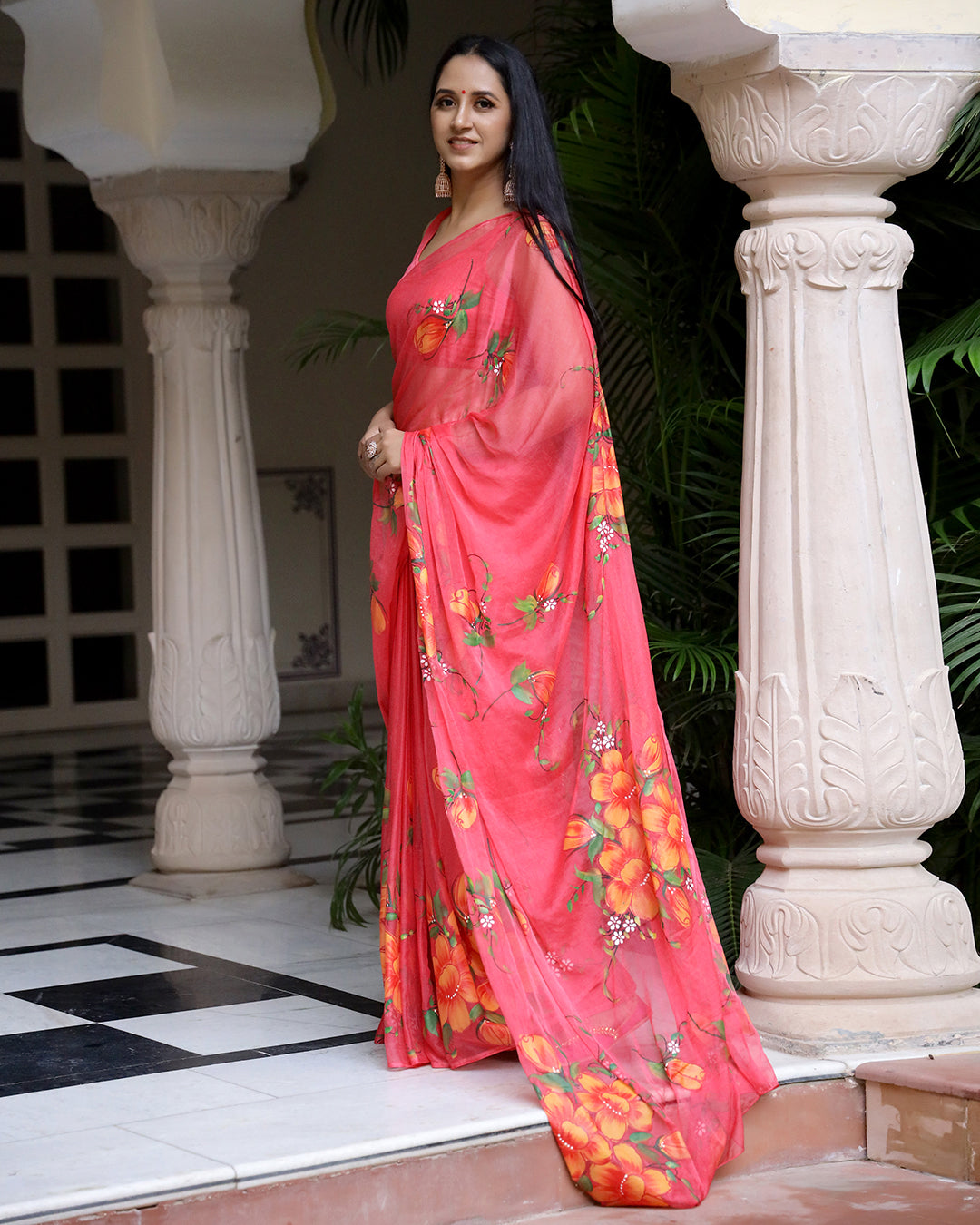Hand Painted Chiffon Saree | Crimson Floral for Day Weddings & Festive Wear