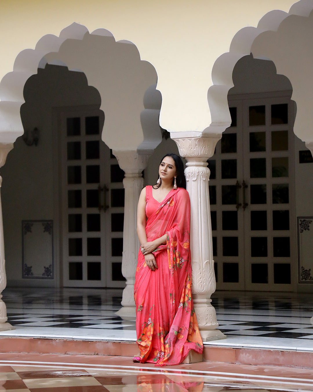Hand Painted Chiffon Saree | Crimson Floral for Day Weddings & Festive Wear