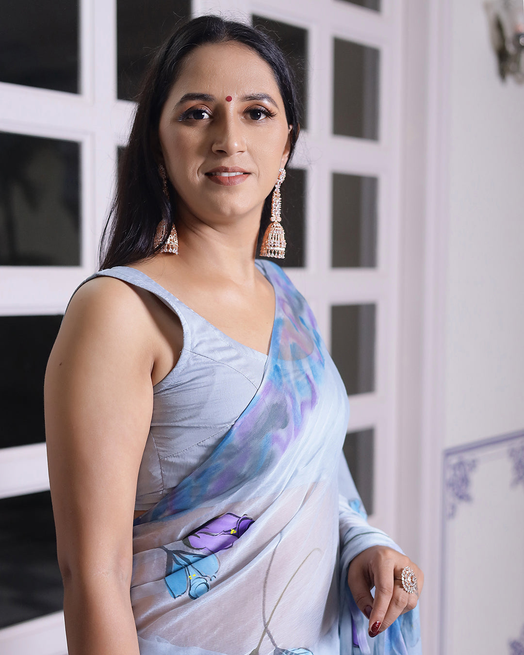 Hand Painted Chiffon Saree | Powder Blue Floral for Garden Parties & Pre-Wedding