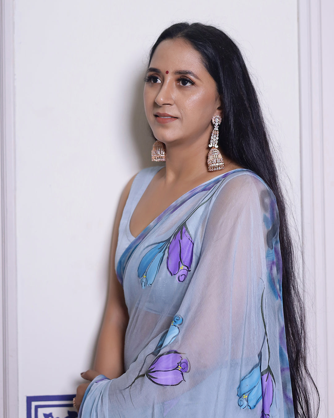 Hand Painted Chiffon Saree | Powder Blue Floral for Garden Parties & Pre-Wedding