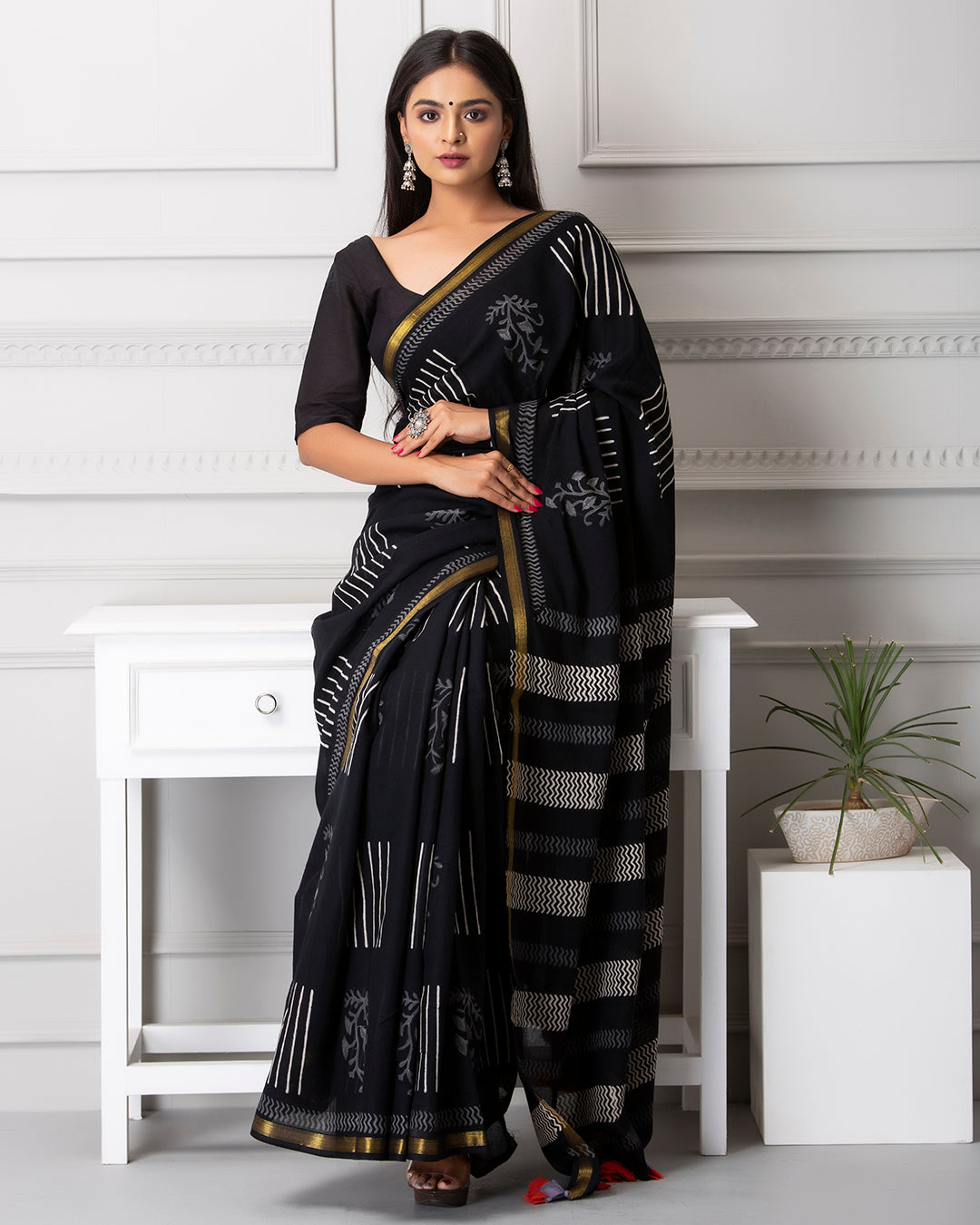 Handblock Print Mulmul Saree | Black Zigzag Zari Border for Work & Festive Evenings