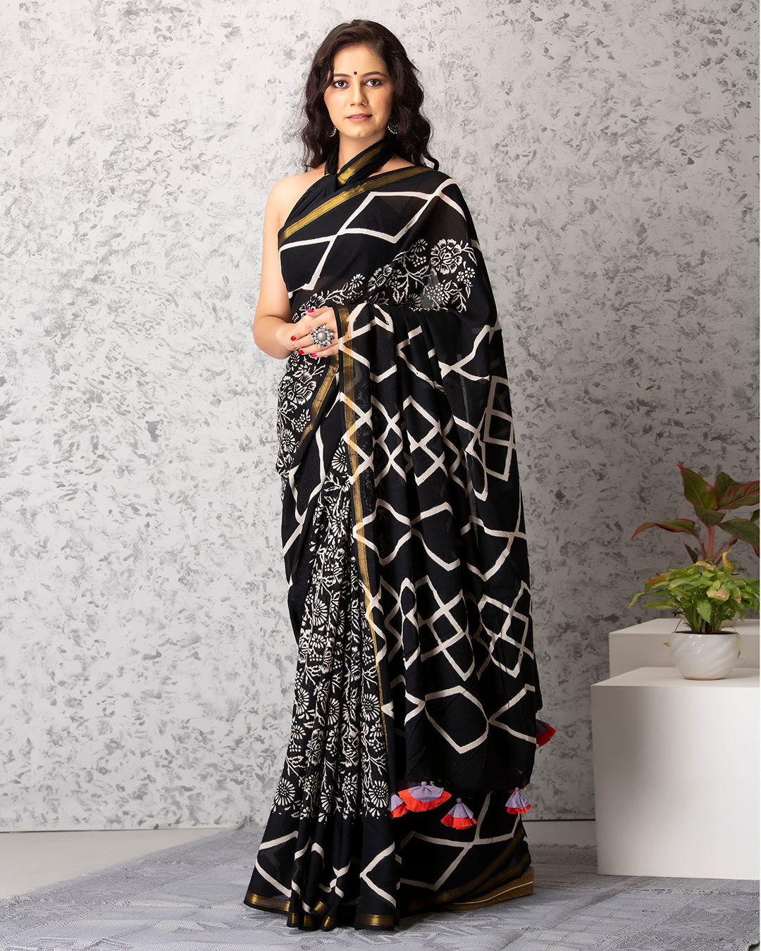 Handblock Print Mulmul Saree | Black Zigzag Floral Gold Border for Festive & Daily Wear
