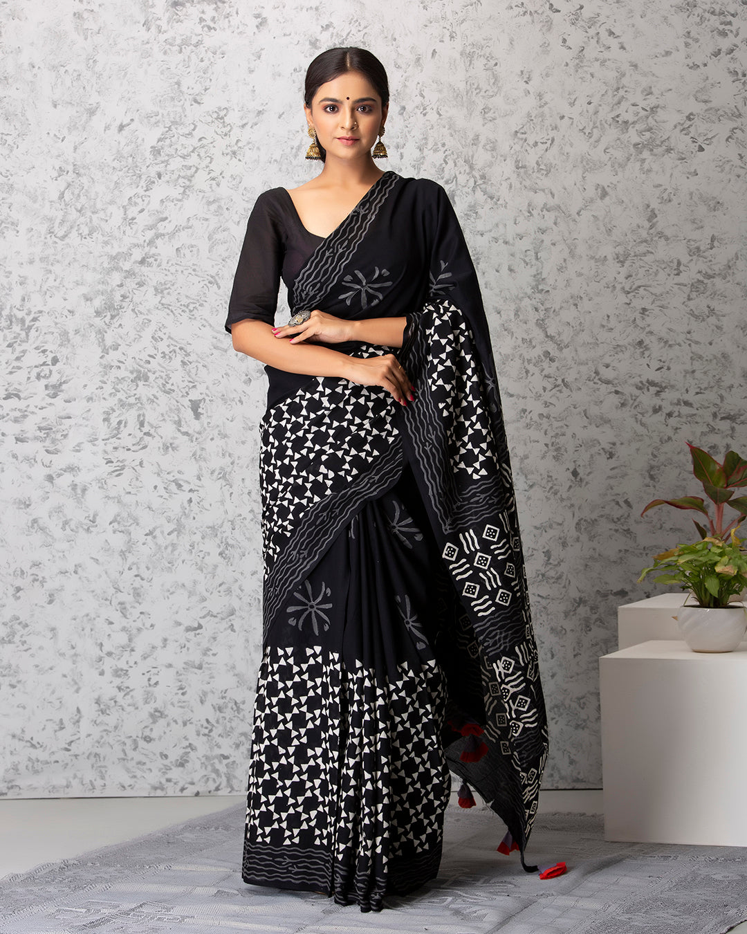 Handblock Print Mulmul Saree | Black Abstract Bow for Work, Lunches & Festive Wear