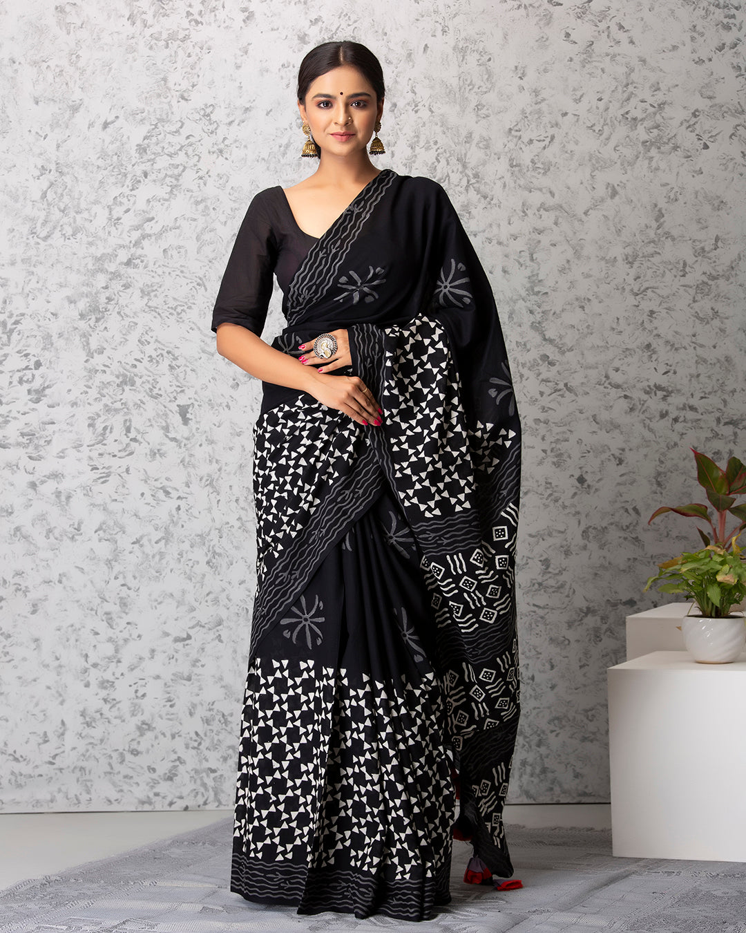 Handblock Print Mulmul Saree | Black Abstract Bow for Work, Lunches & Festive Wear