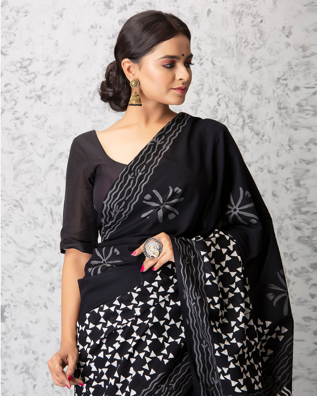 Handblock Print Mulmul Saree | Black Abstract Bow for Work, Lunches & Festive Wear