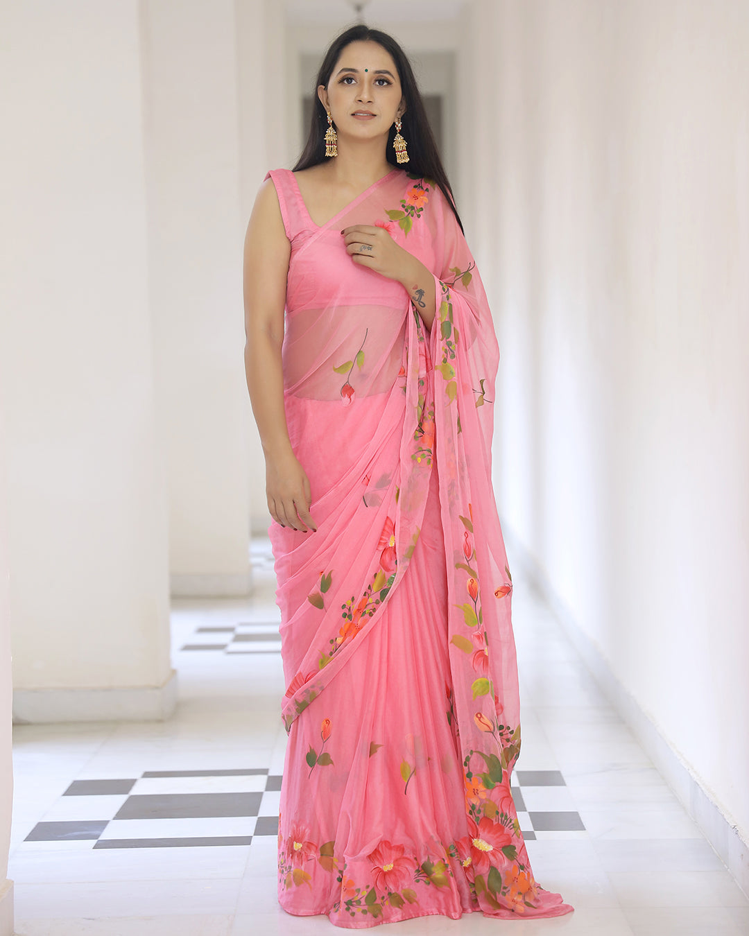 Hand Painted Chiffon Saree | Coral Floral for Lunches, Functions & Day Events